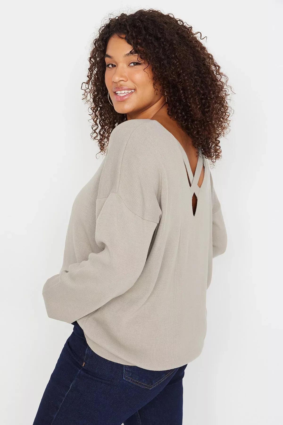 Beige V-Neck Plus Size Sweater, Beige, medium