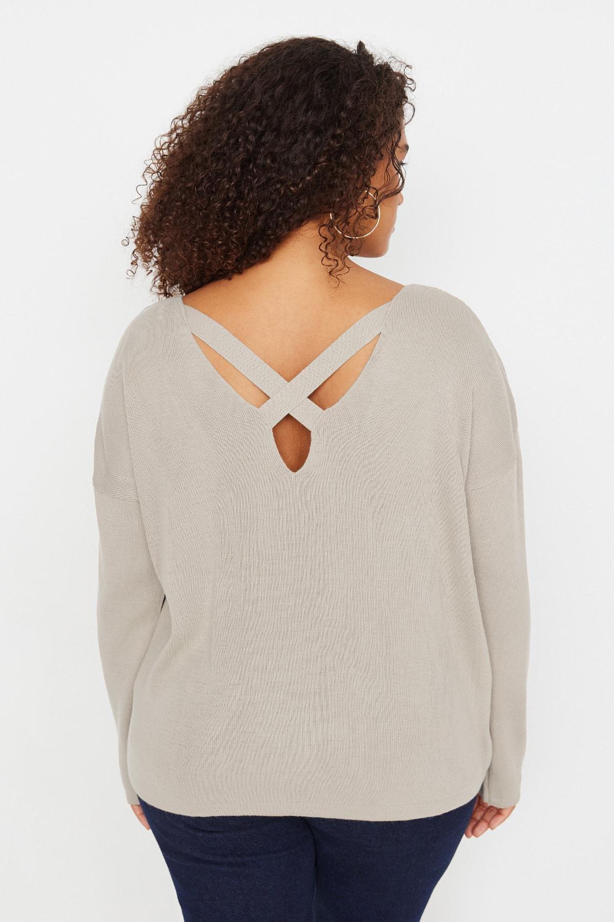 Beige V-Neck Plus Size Sweater, , large image number 4
