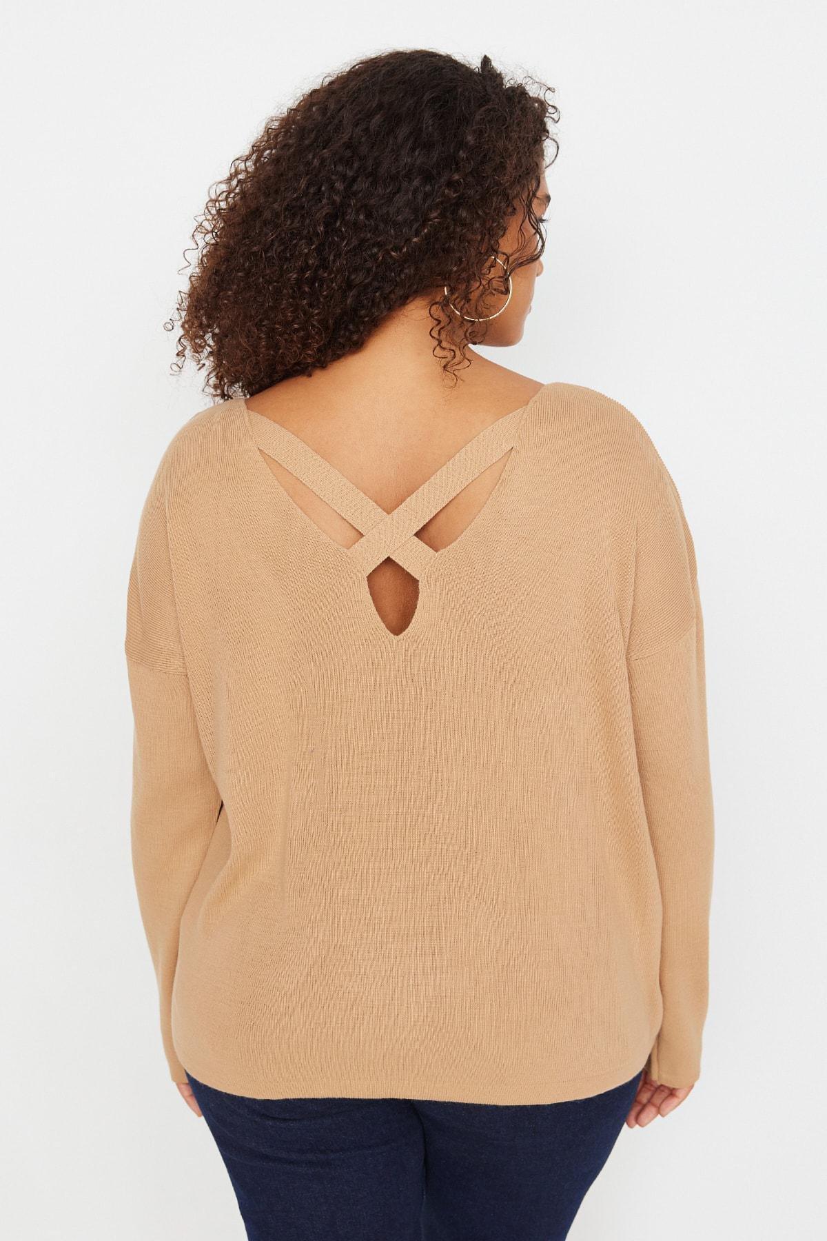 Beige V-Neck Plus Size Sweater, , large image number 8