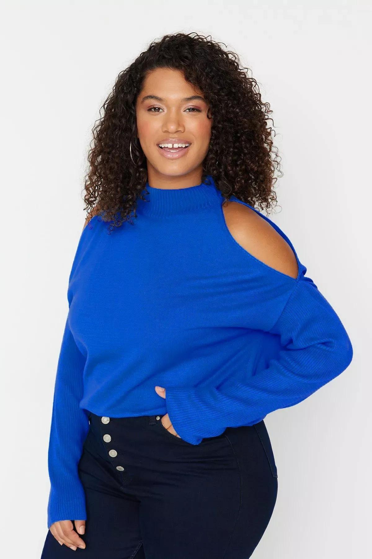 Blue Relaxed Plus Size Sweater, Blue, medium