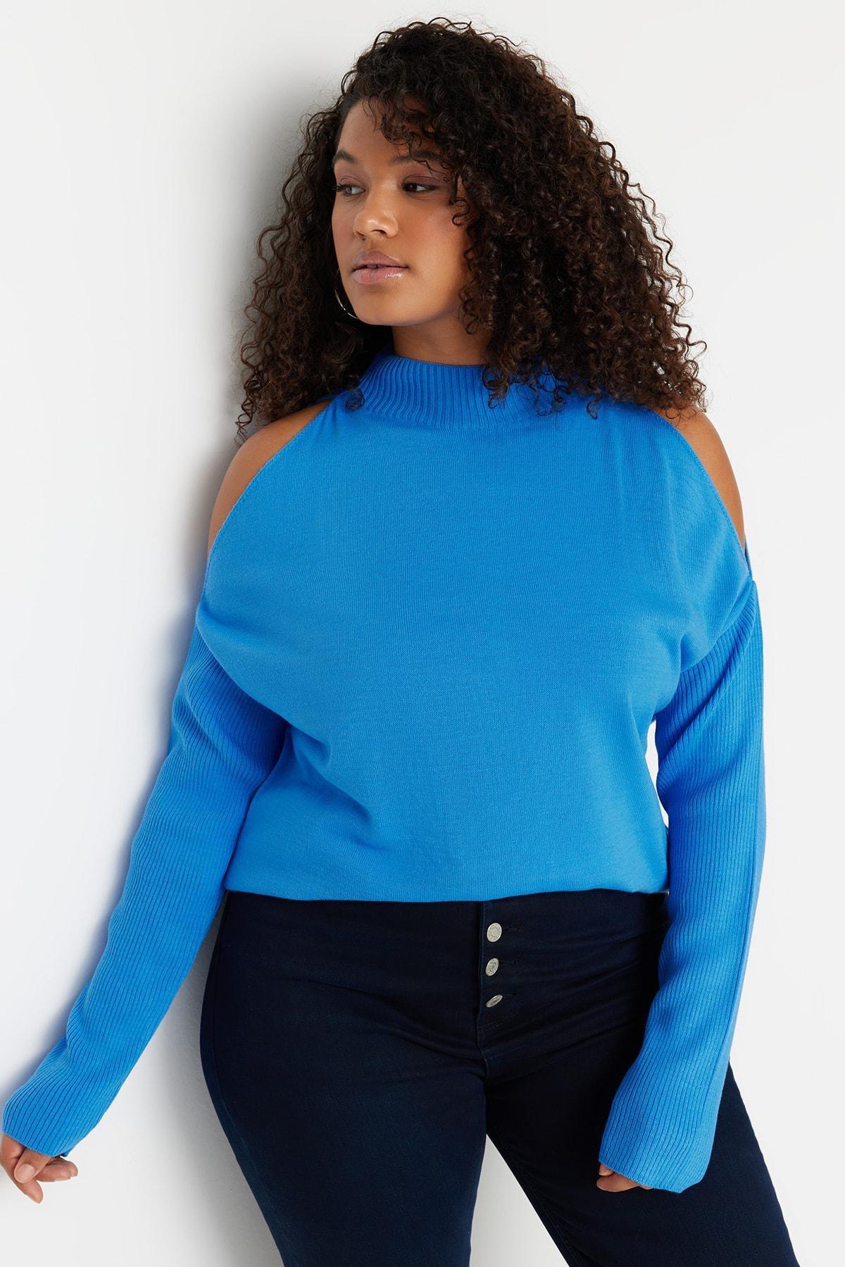 Blue Relaxed Plus Size Sweater, , large image number 1