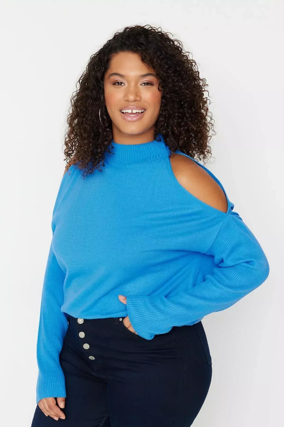 Blue Relaxed Plus Size Sweater, Blue, medium