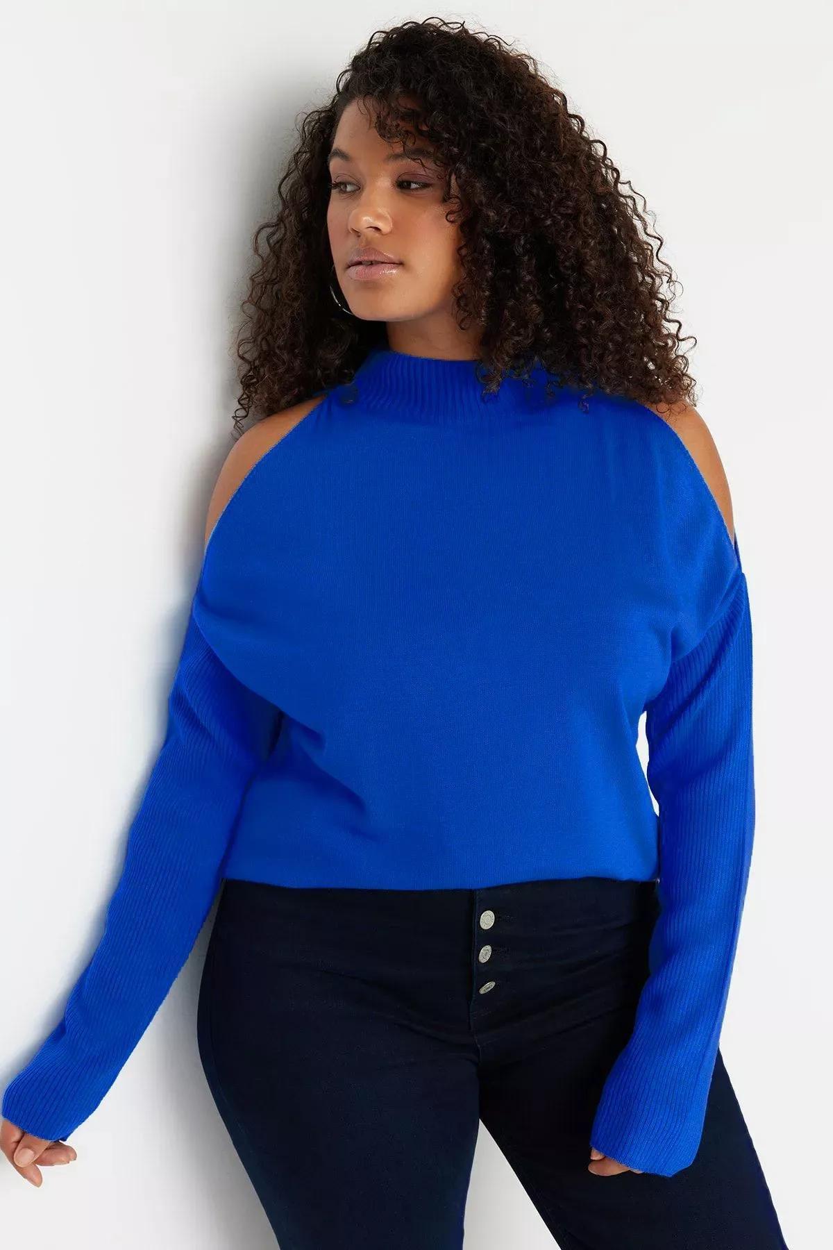 Blue Relaxed Plus Size Sweater, Blue, medium