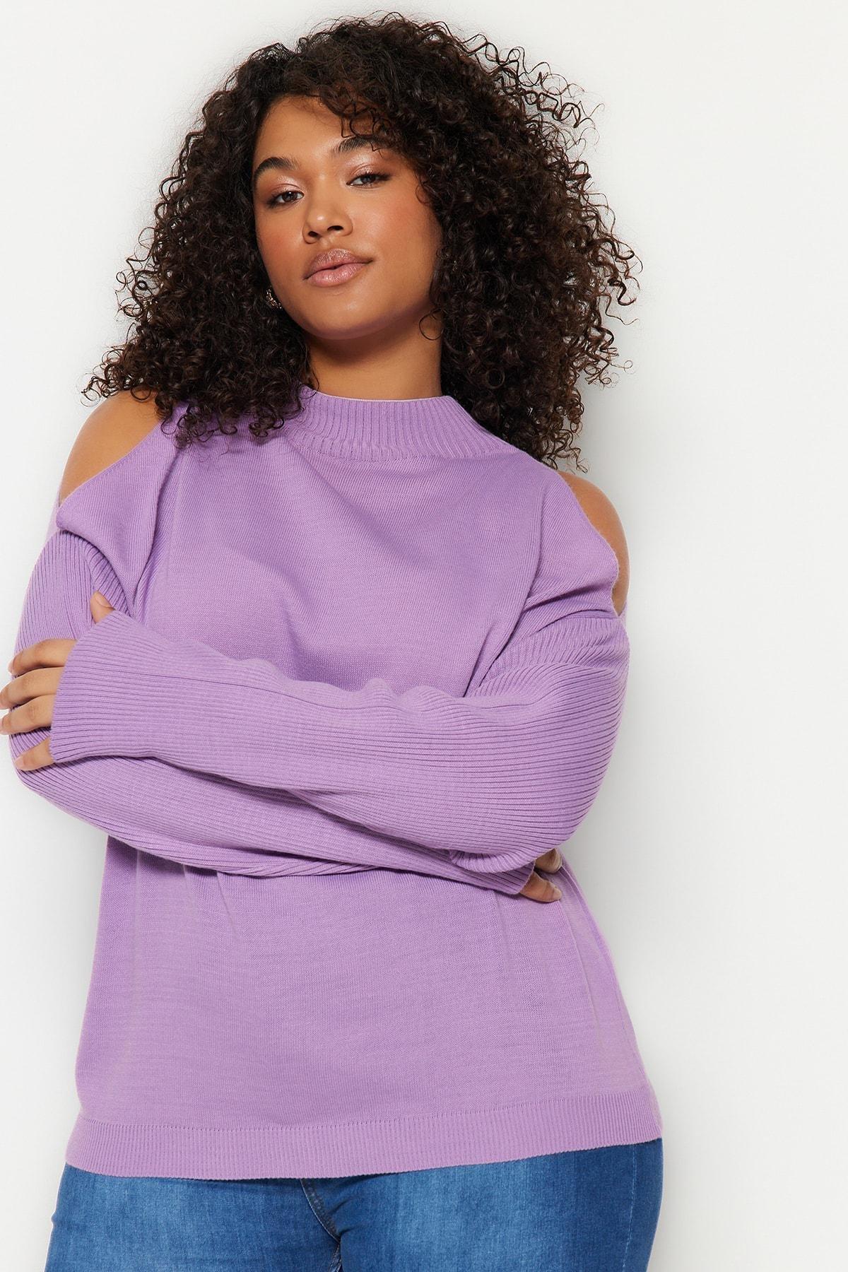 Purple Off-Shoulder Plus Size Sweater, Set Of 2, , large image number 1