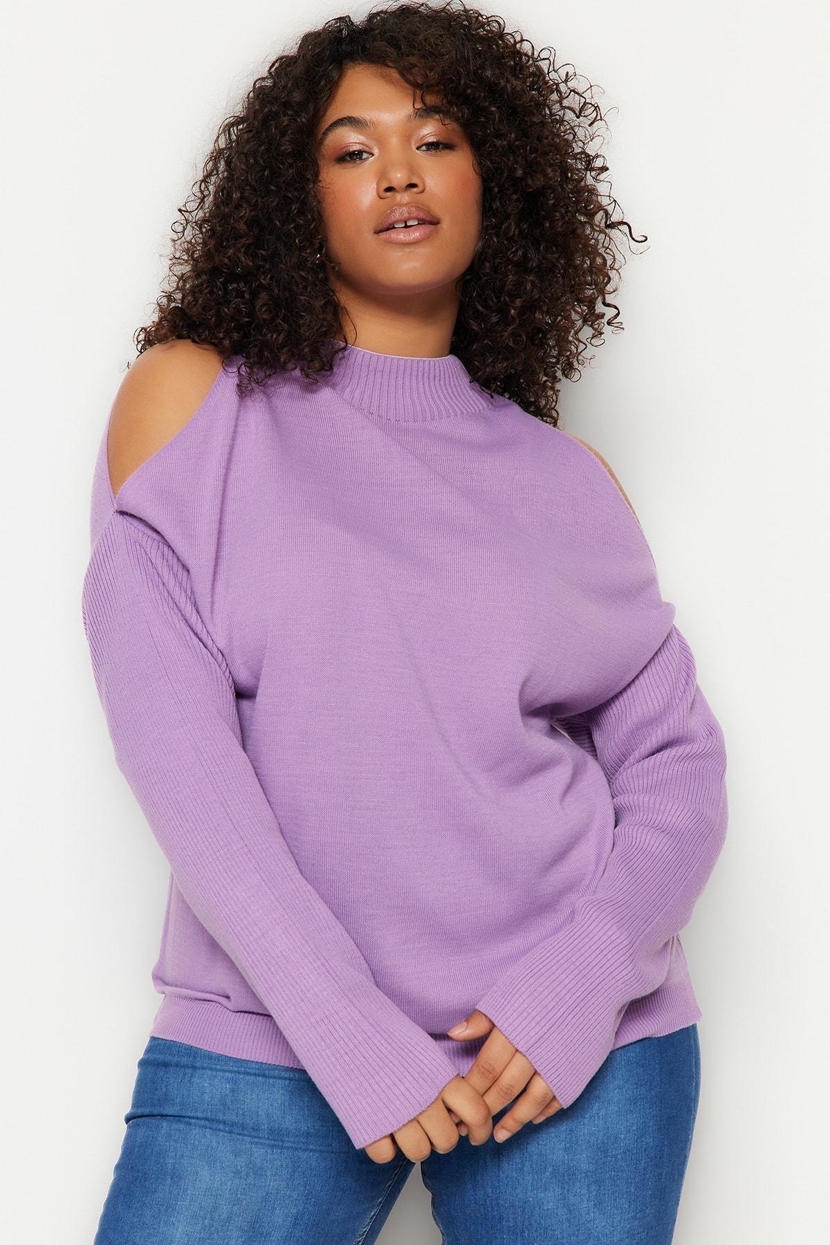 Purple Off-Shoulder Plus Size Sweater, Set Of 2, , large image number 3