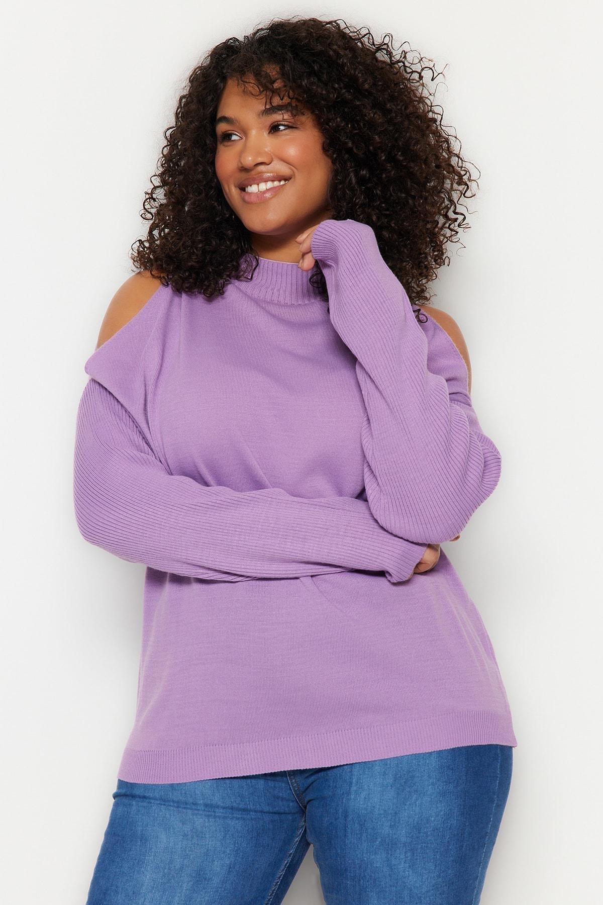 Purple Off-Shoulder Plus Size Sweater, Set Of 2, , large image number 9