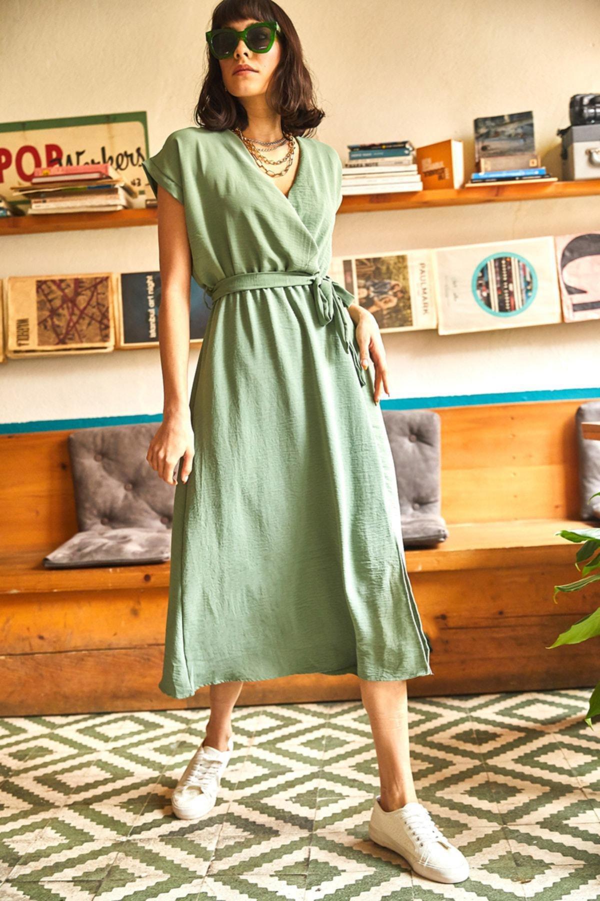 Green V-Neck Basic Dress, , medium