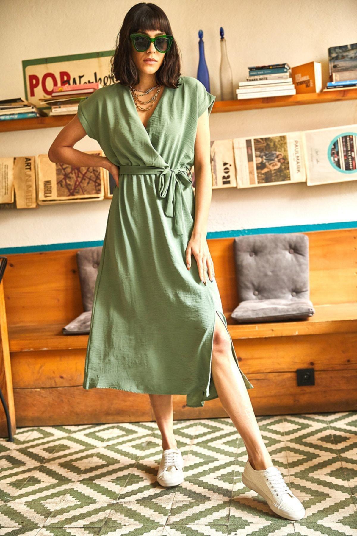 Green V-Neck Basic Dress, CAGLA GREEN, large image number 1