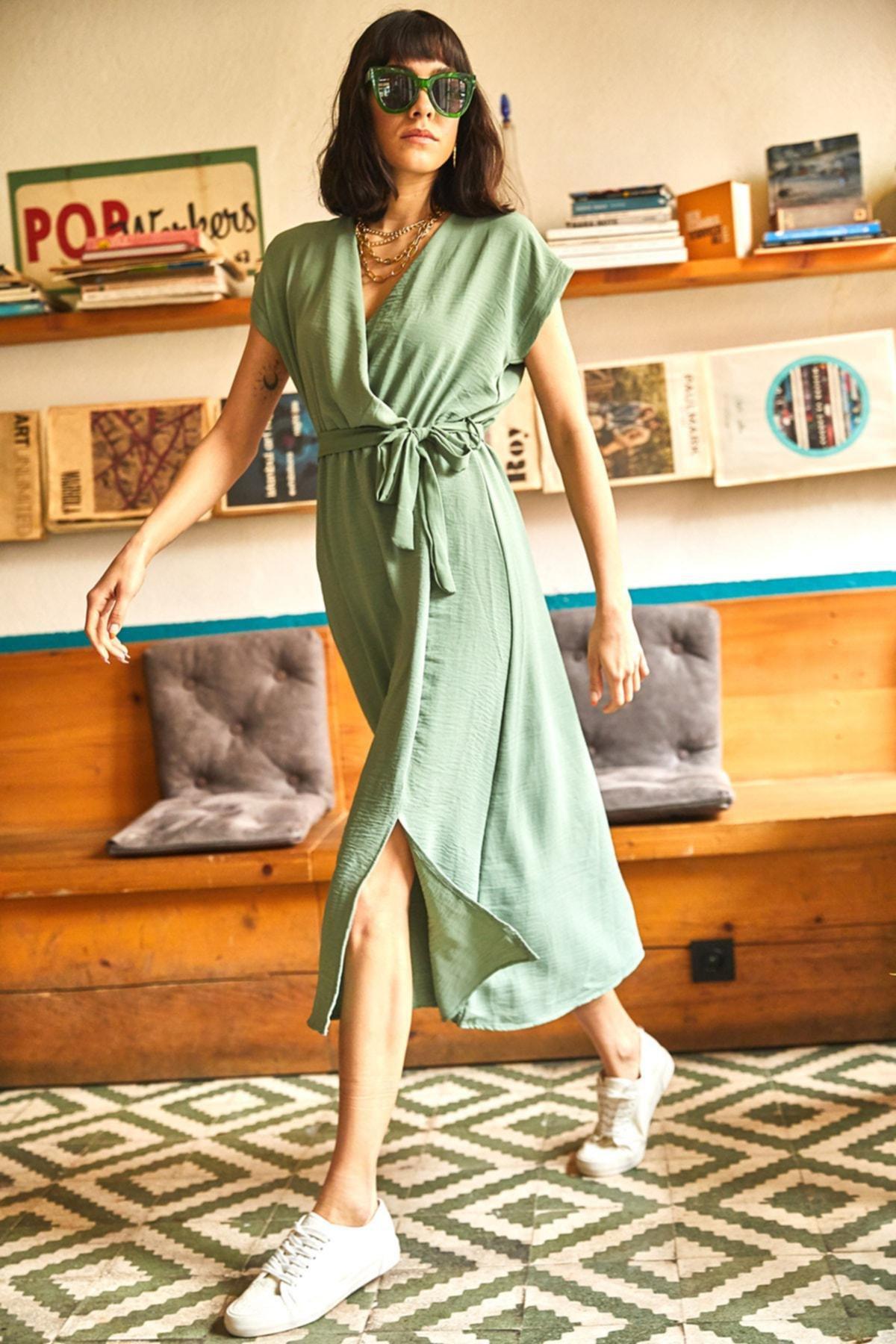 Green V-Neck Basic Dress, CAGLA GREEN, large image number 2