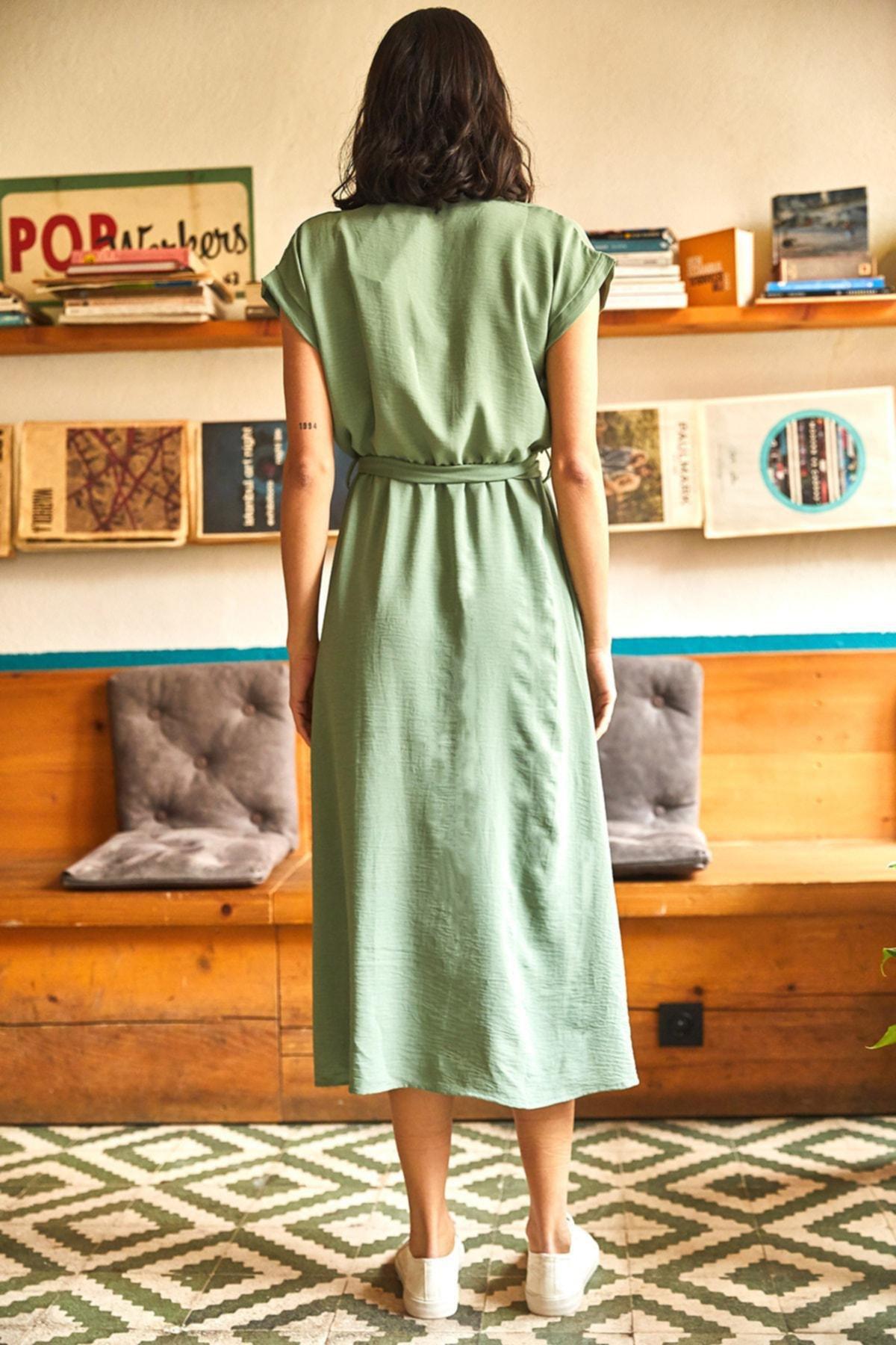 Green V-Neck Basic Dress, CAGLA GREEN, large image number 3