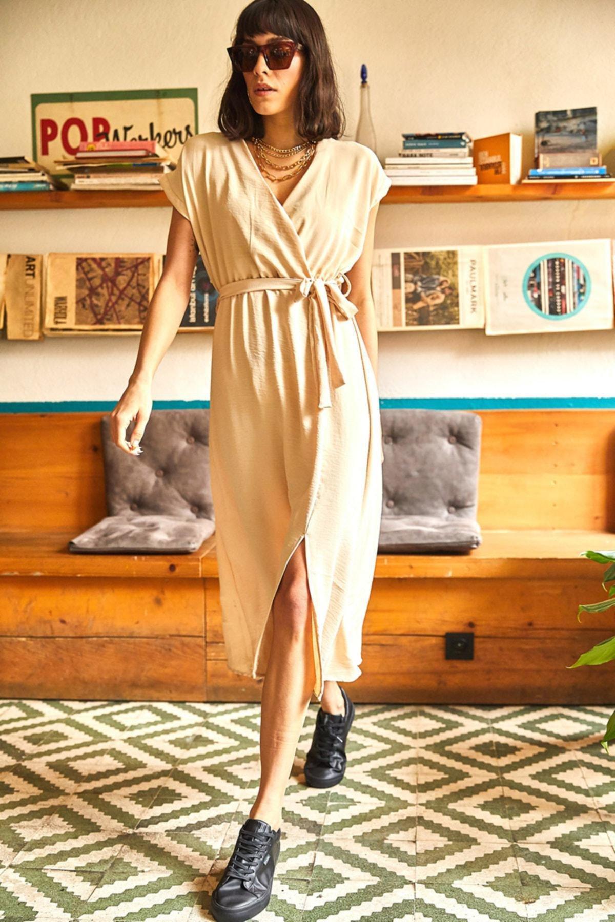 Beige V-Neck Dress, Rock, large image number 1