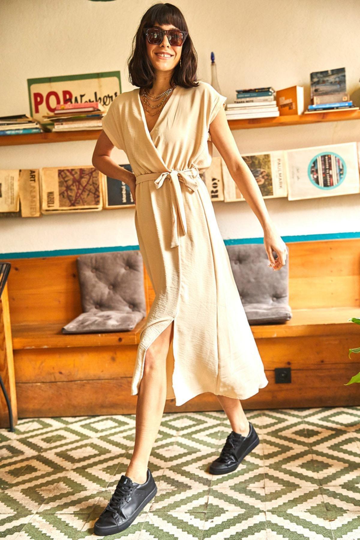 Beige V-Neck Dress, Rock, large image number 3