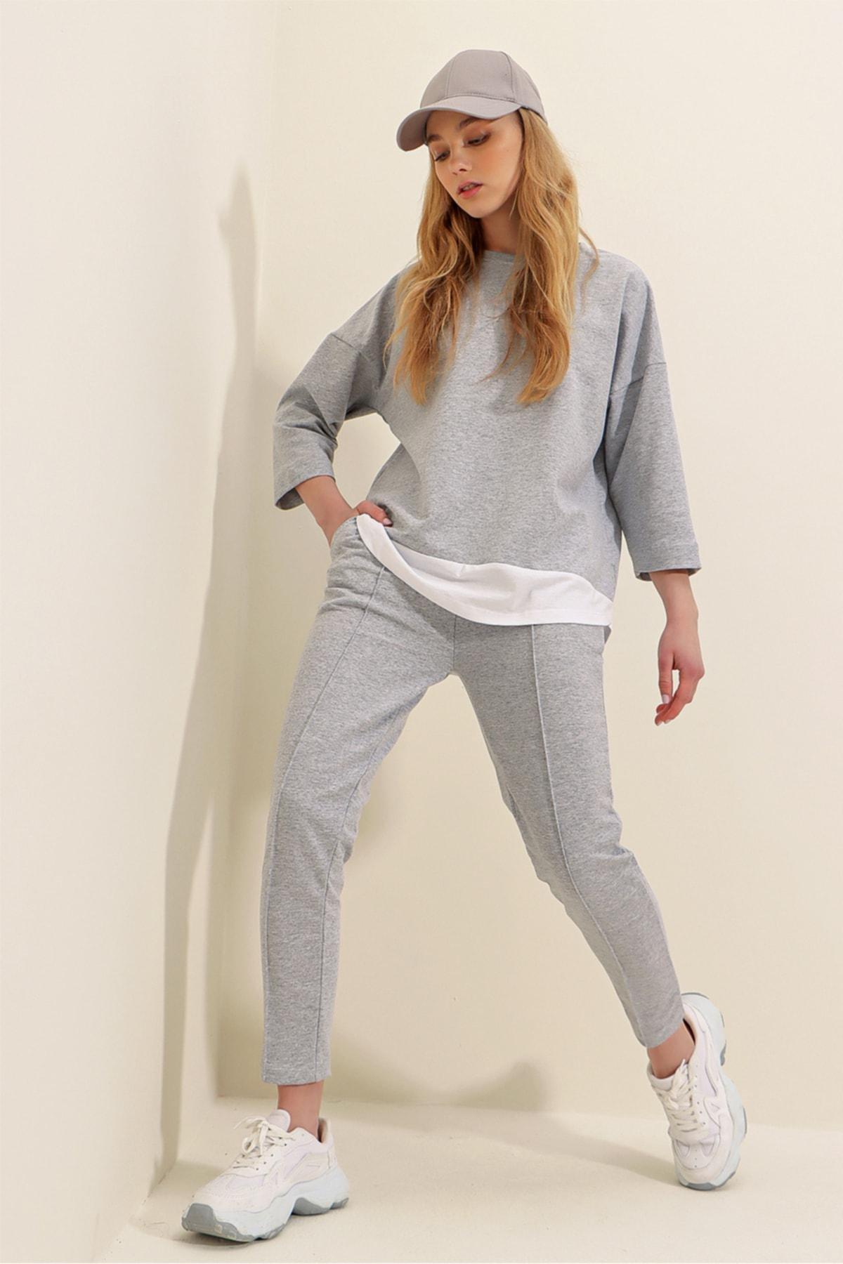 Grey Crew Neck Cotton Co-Ord Set, , large image number 1