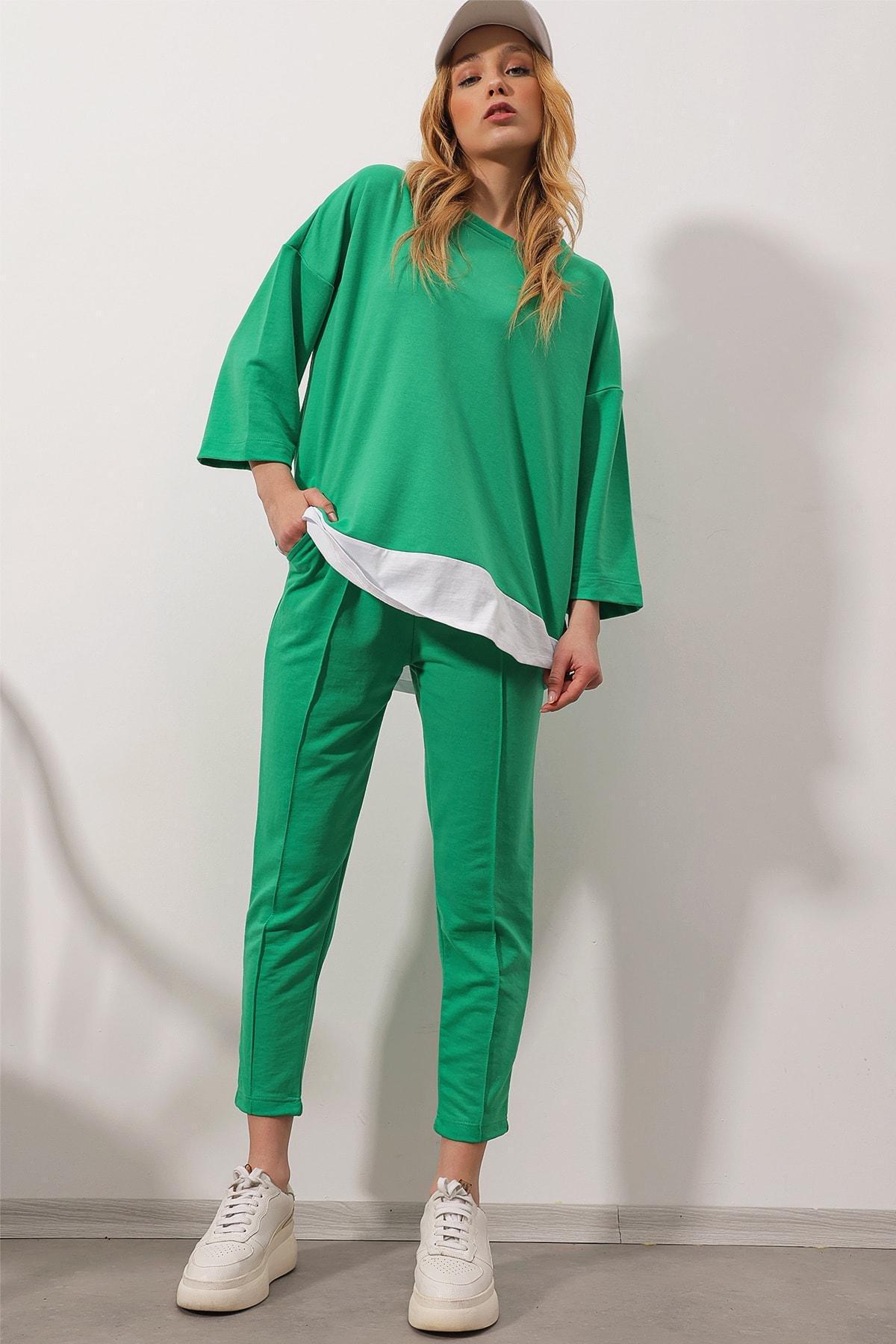 Green Crew Neck Cotton Co-Ord Set, Green, medium