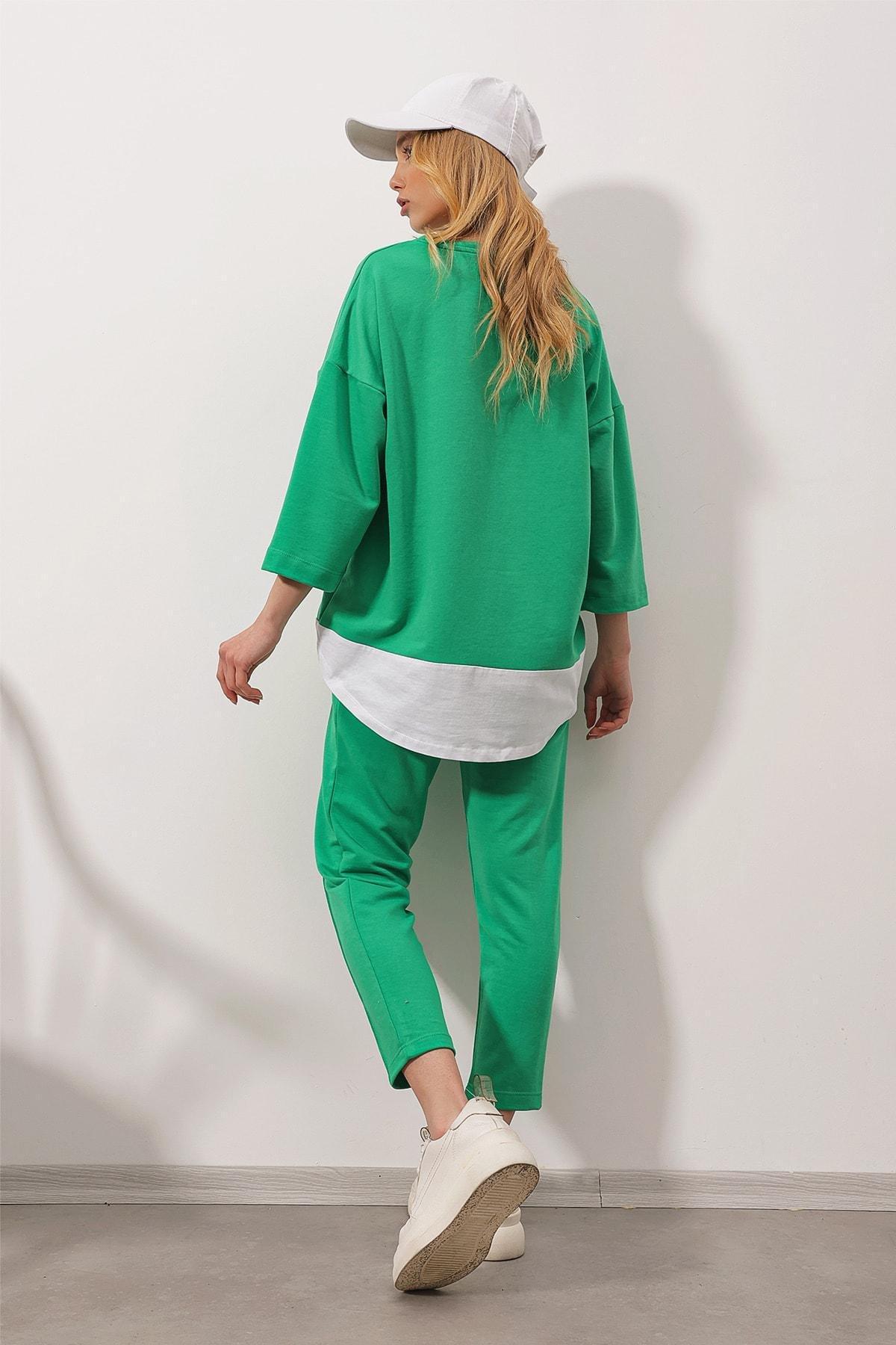Green Crew Neck Cotton Co-Ord Set, Green, large image number 3