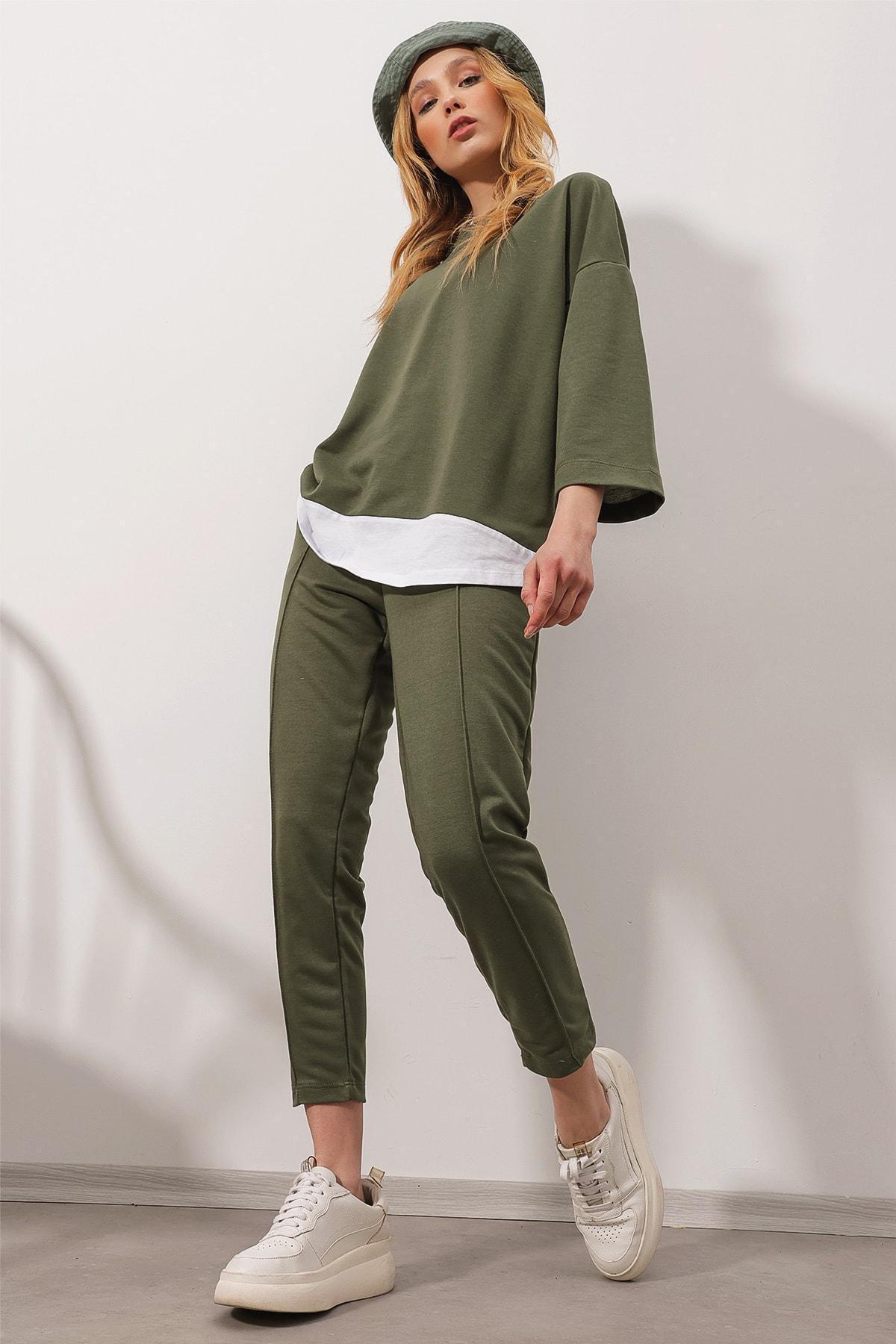 Khaki Crew Neck Coloured Blouse, Set Of 2, , large image number 1