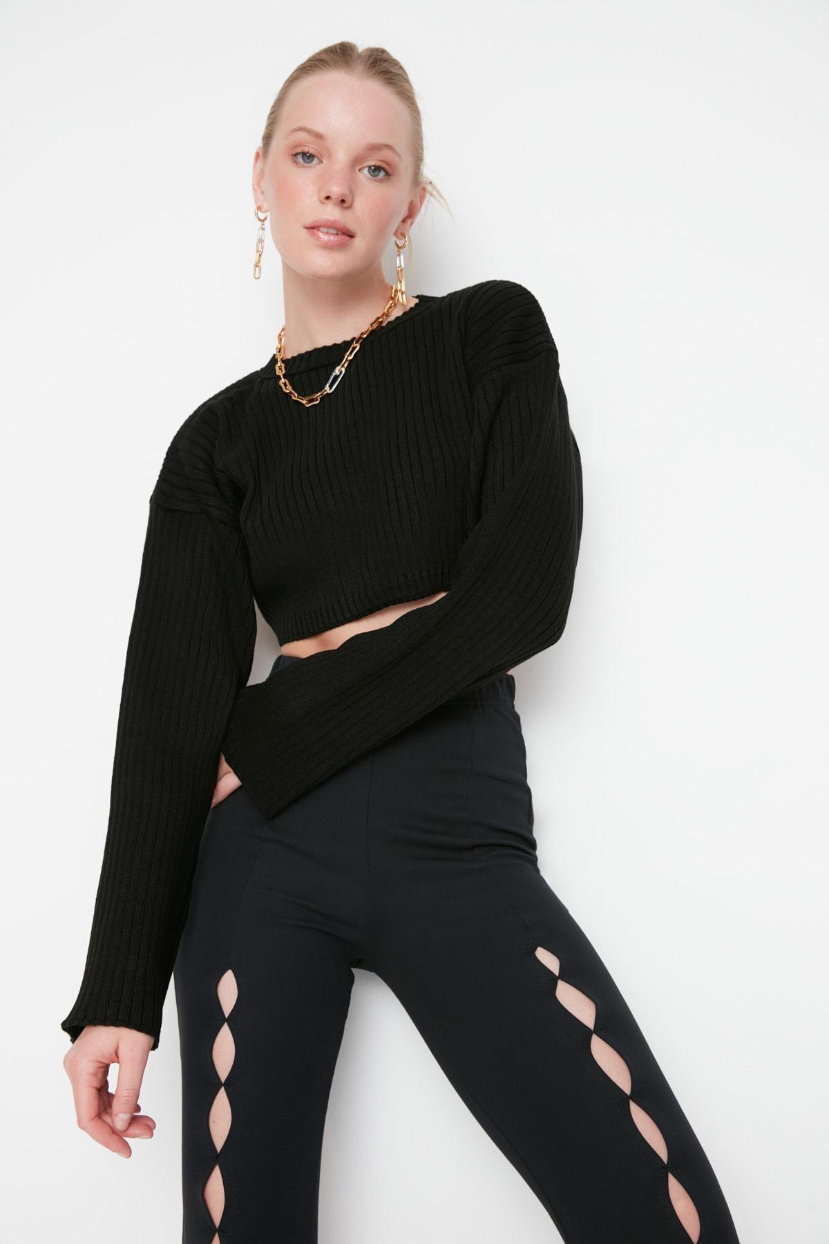Black Super Crop Knitted Sweater, , large image number 1