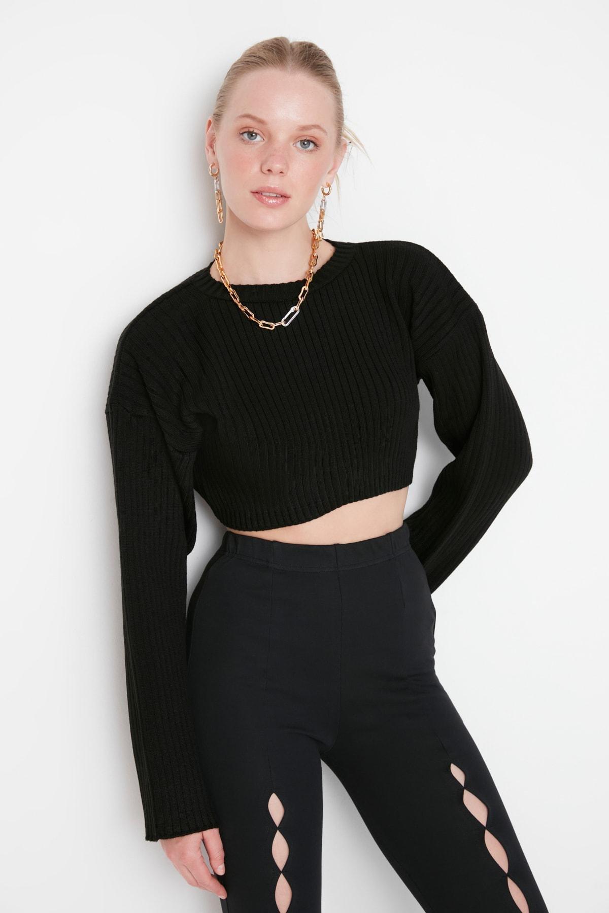 Black Super Crop Knitted Sweater, , large image number 2