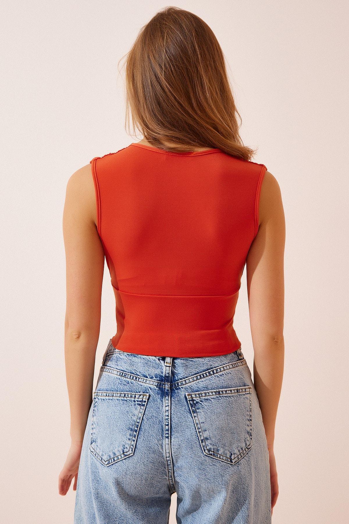 Orange V-Neck Sleeveless Blouse, , large image number 3