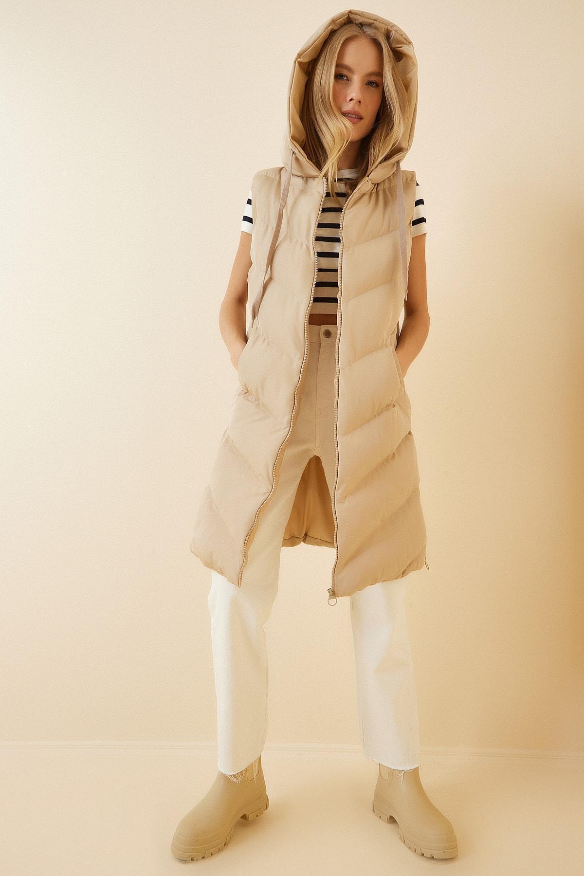 Beige Hooded Puffer Vest, , medium