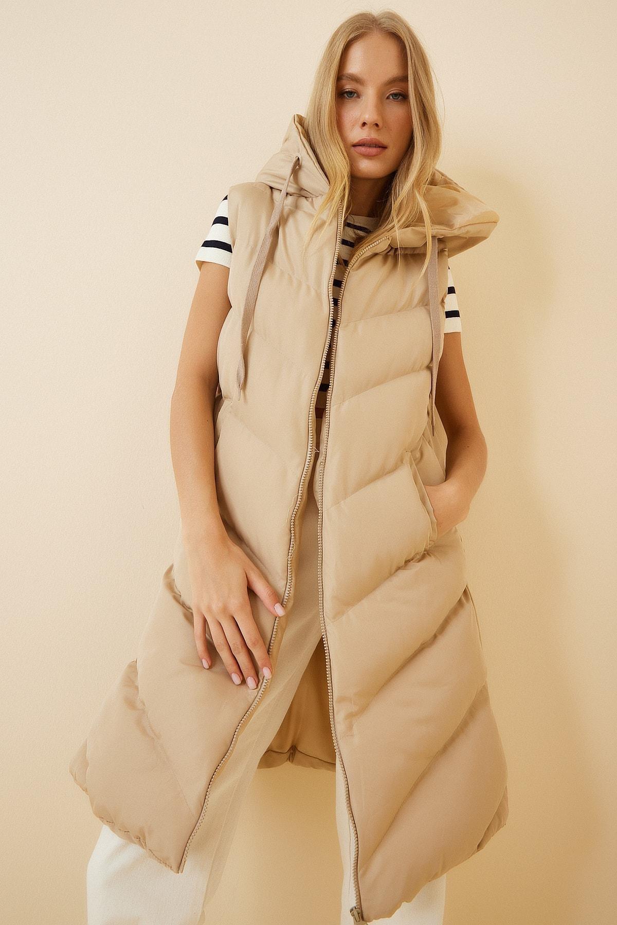 Beige Hooded Puffer Vest, , large image number 2