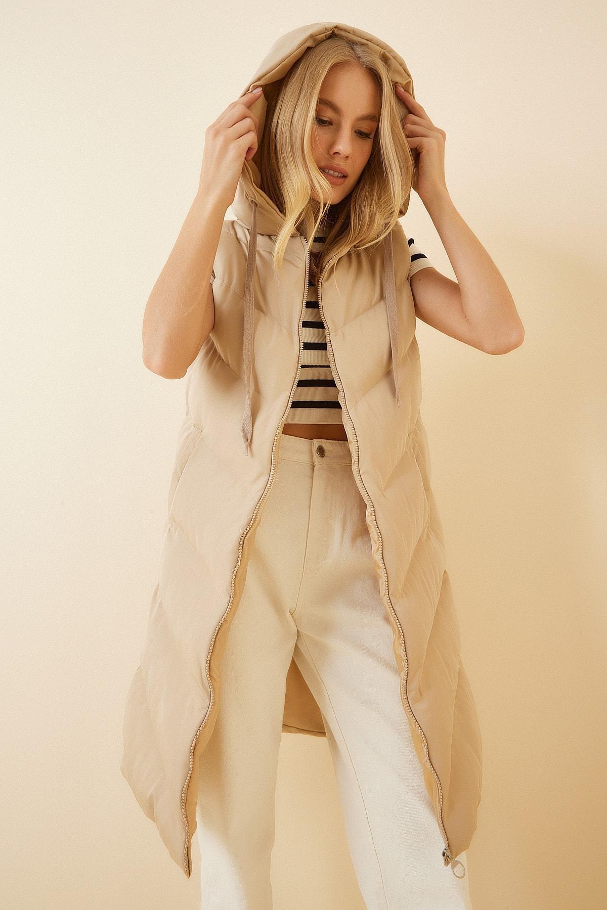 Beige Hooded Puffer Vest, , large image number 3