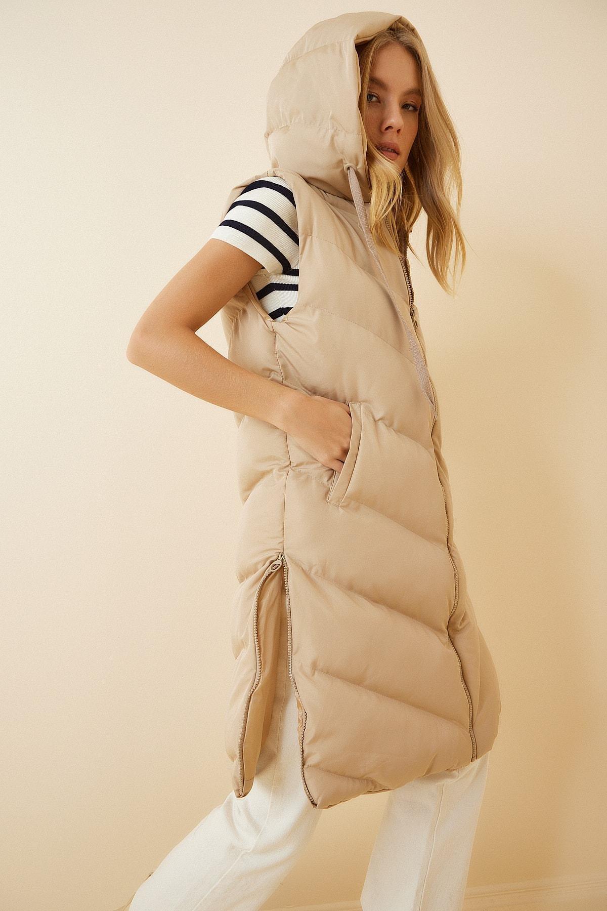 Beige Hooded Puffer Vest, , large image number 4