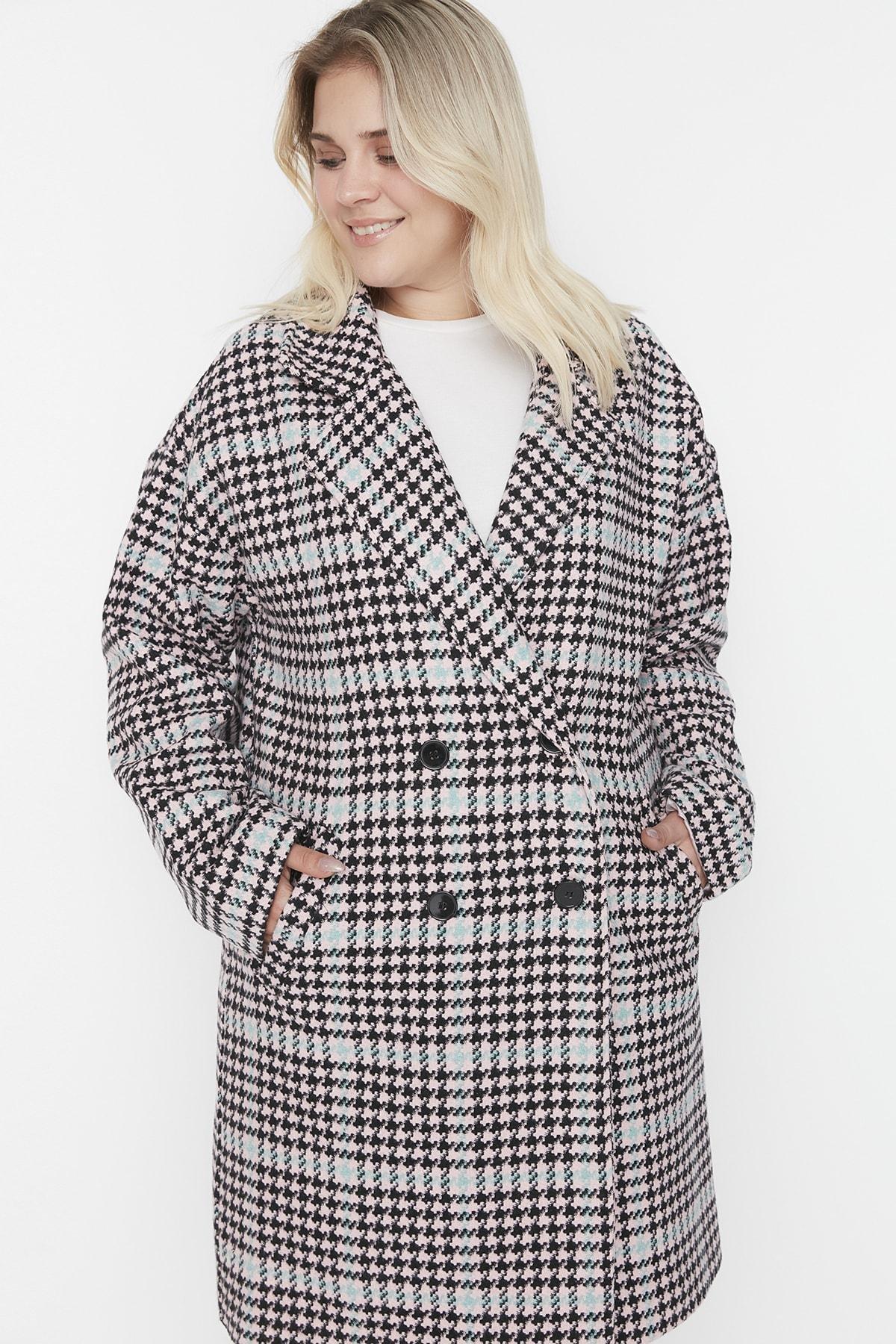 Pink Double Breasted Plus Size Coat, , large image number 1