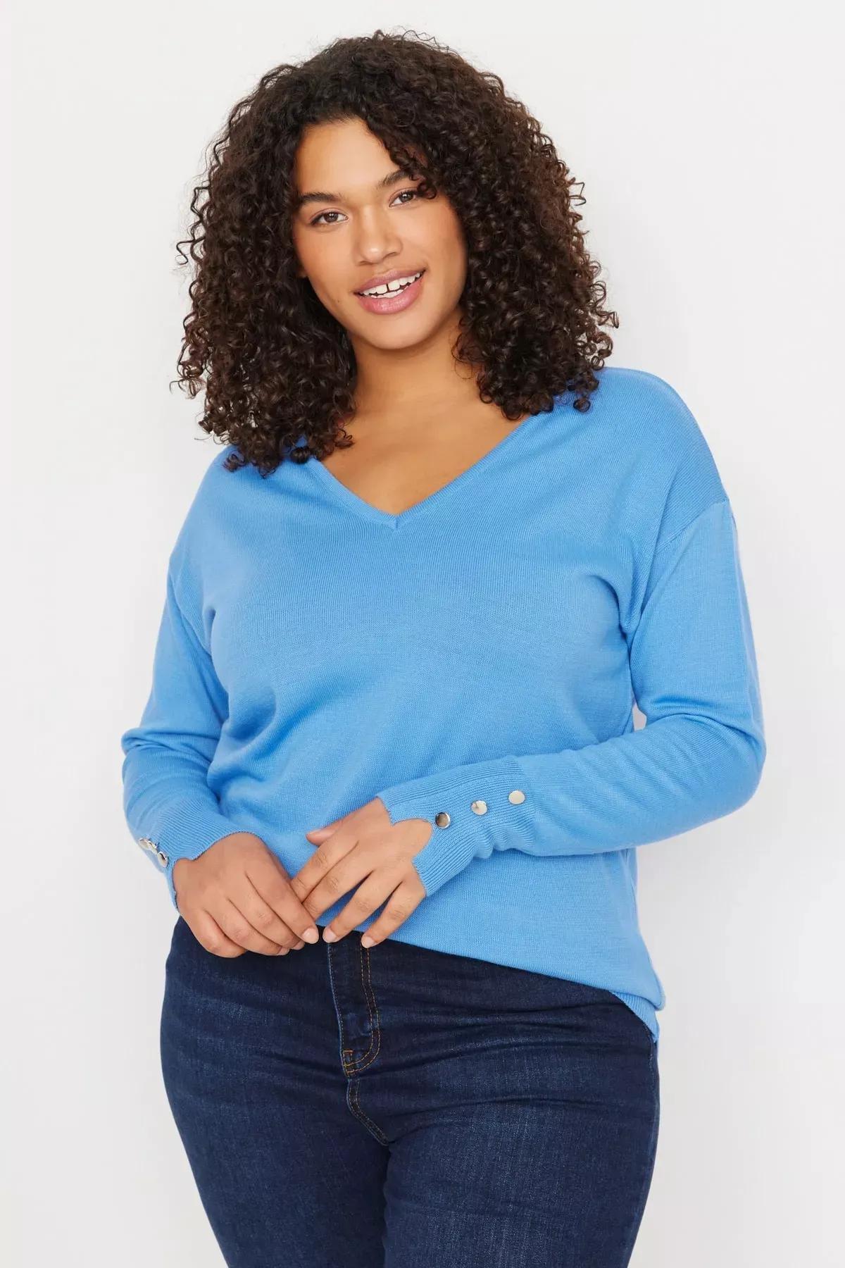 Blue V-Neck Plus Size Sweater, Blue, medium