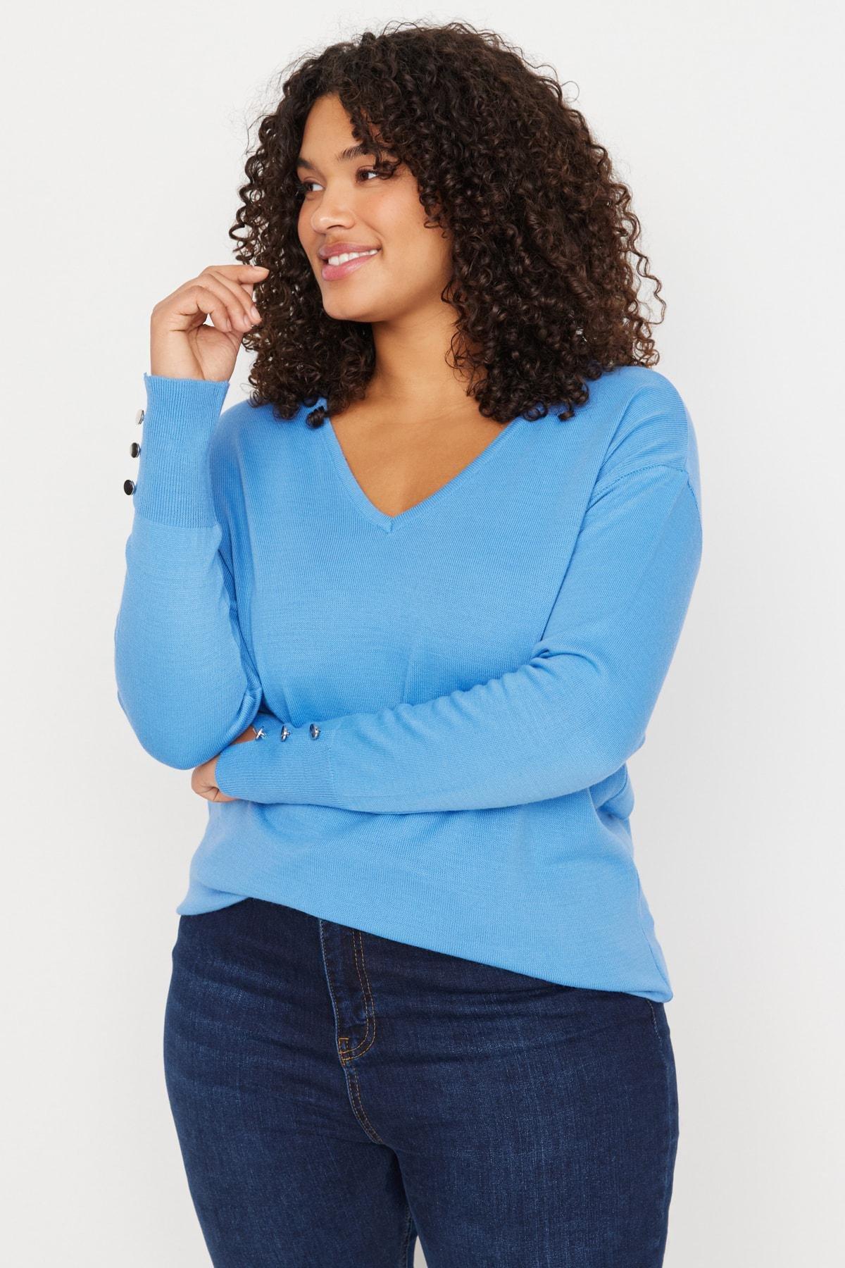 Blue V-Neck Plus Size Sweater, , large image number 1