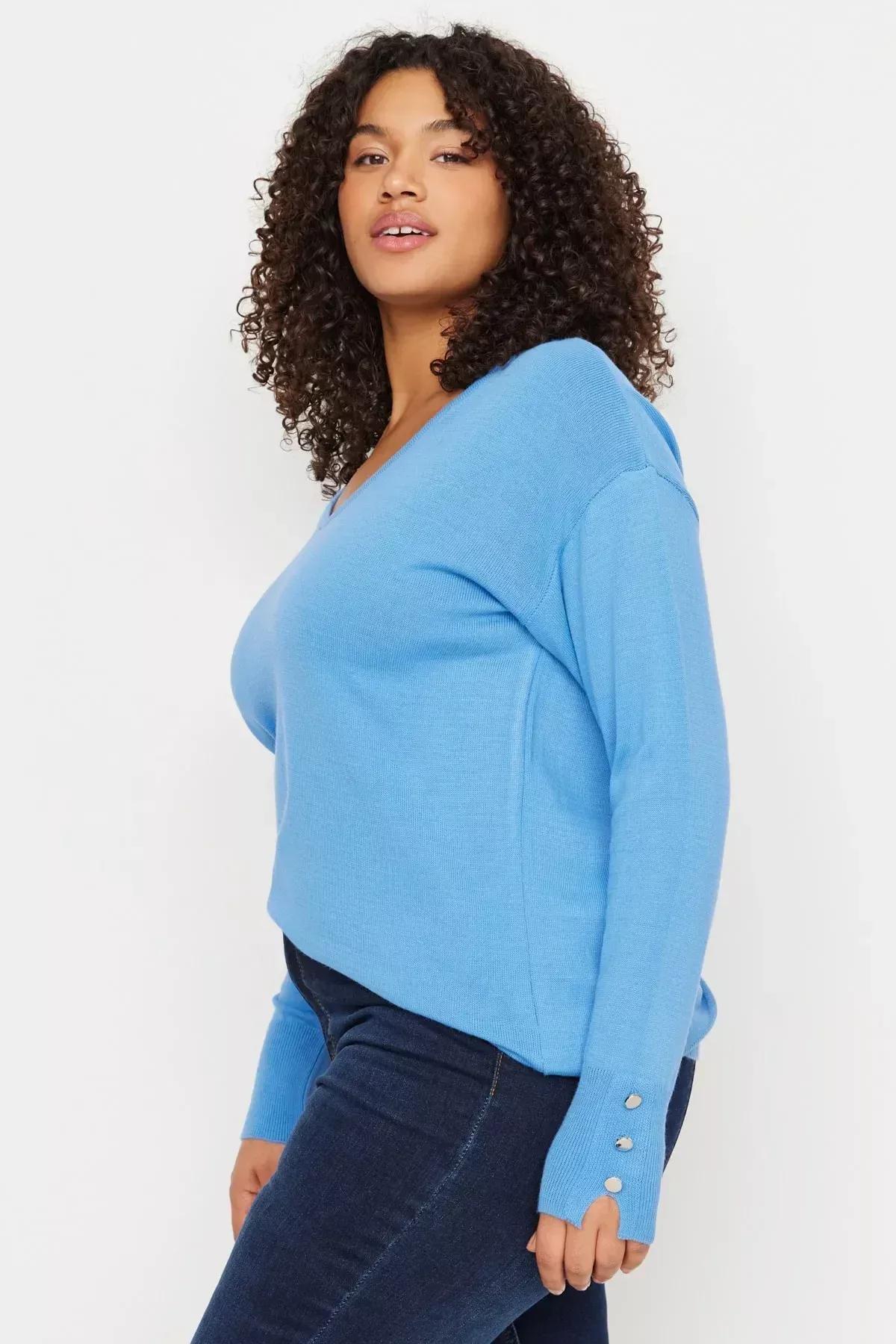 Blue V-Neck Plus Size Sweater, Blue, medium