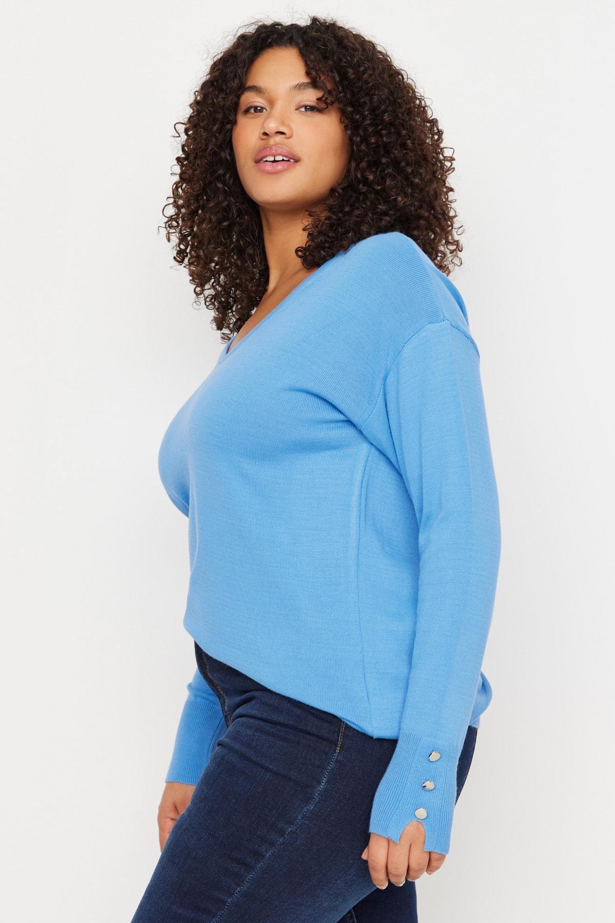 Blue V-Neck Plus Size Sweater, , large image number 2