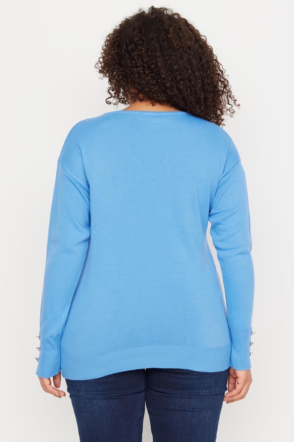 Blue V-Neck Plus Size Sweater, , large image number 4