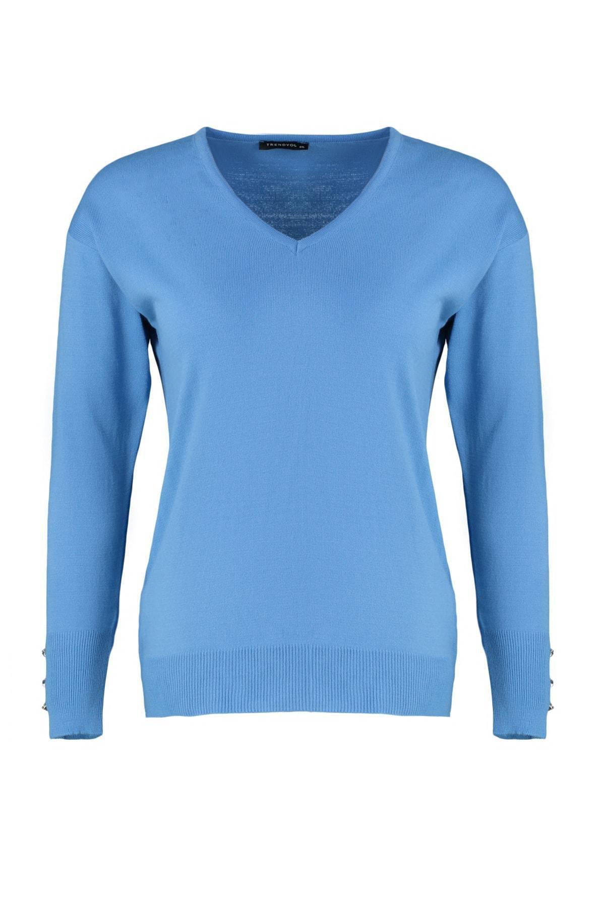 Blue V-Neck Plus Size Sweater, , large image number 6