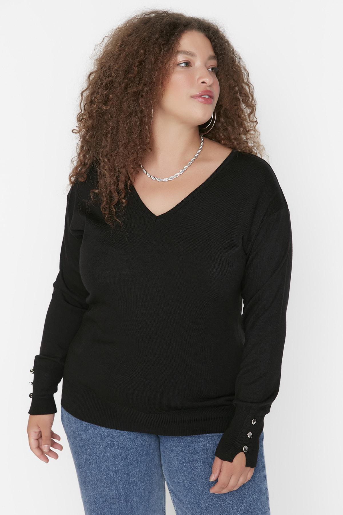 Trendyol - Black V Neck Plus Size Sweater