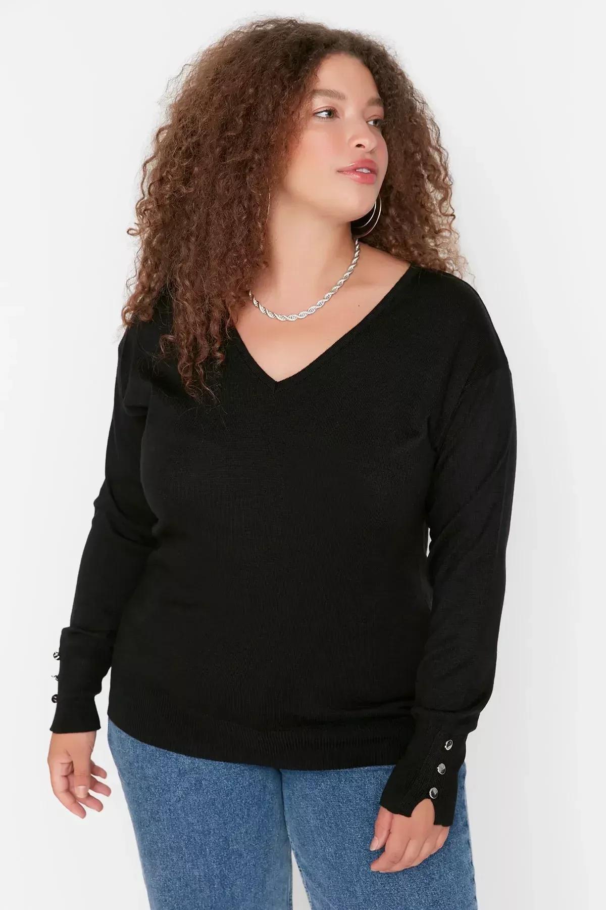 Black V-Neck Plus Size Sweater, Black, medium