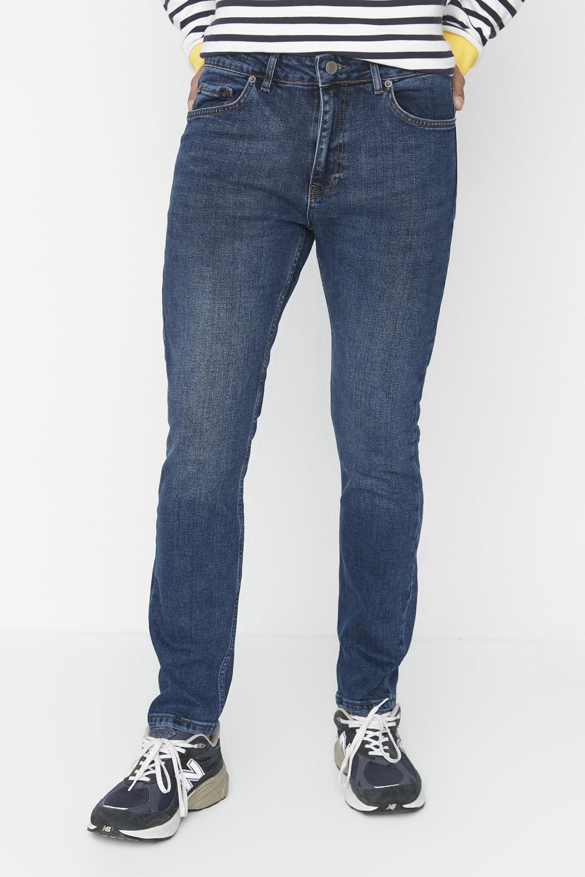 Navy Slim Fit Flexible Fabric Jeans Denim Trousers., , large image number 1