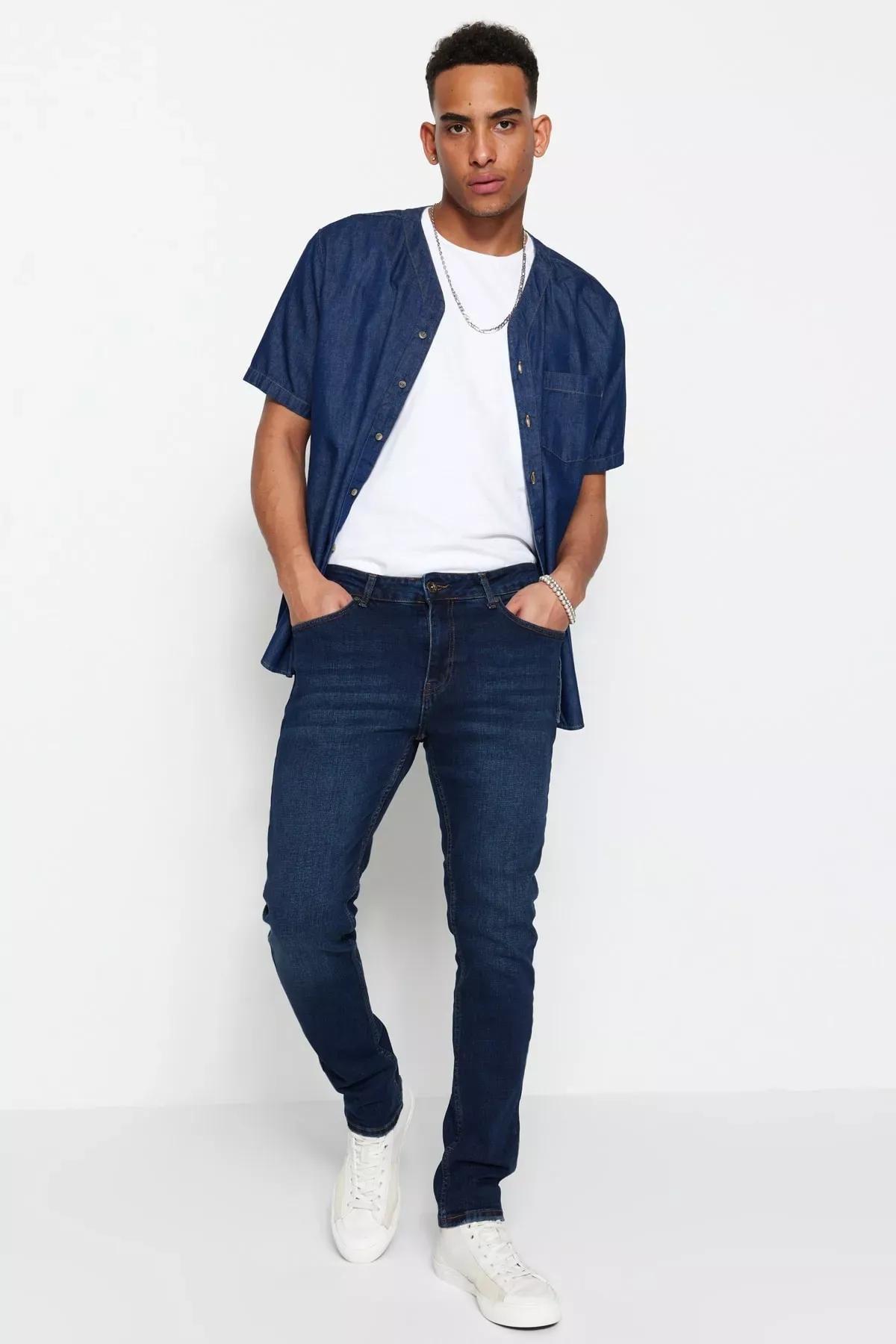 Navy Slim Fit Flexible Fabric Jeans Denim Trousers., Dark blue, large image number 1