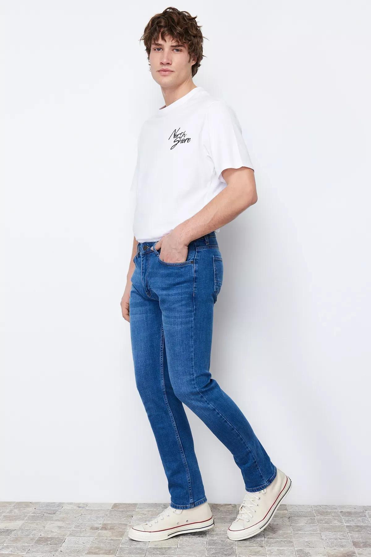 Navy Slim Fit Flexible Fabric Jeans Denim Trousers., Dark blue, medium