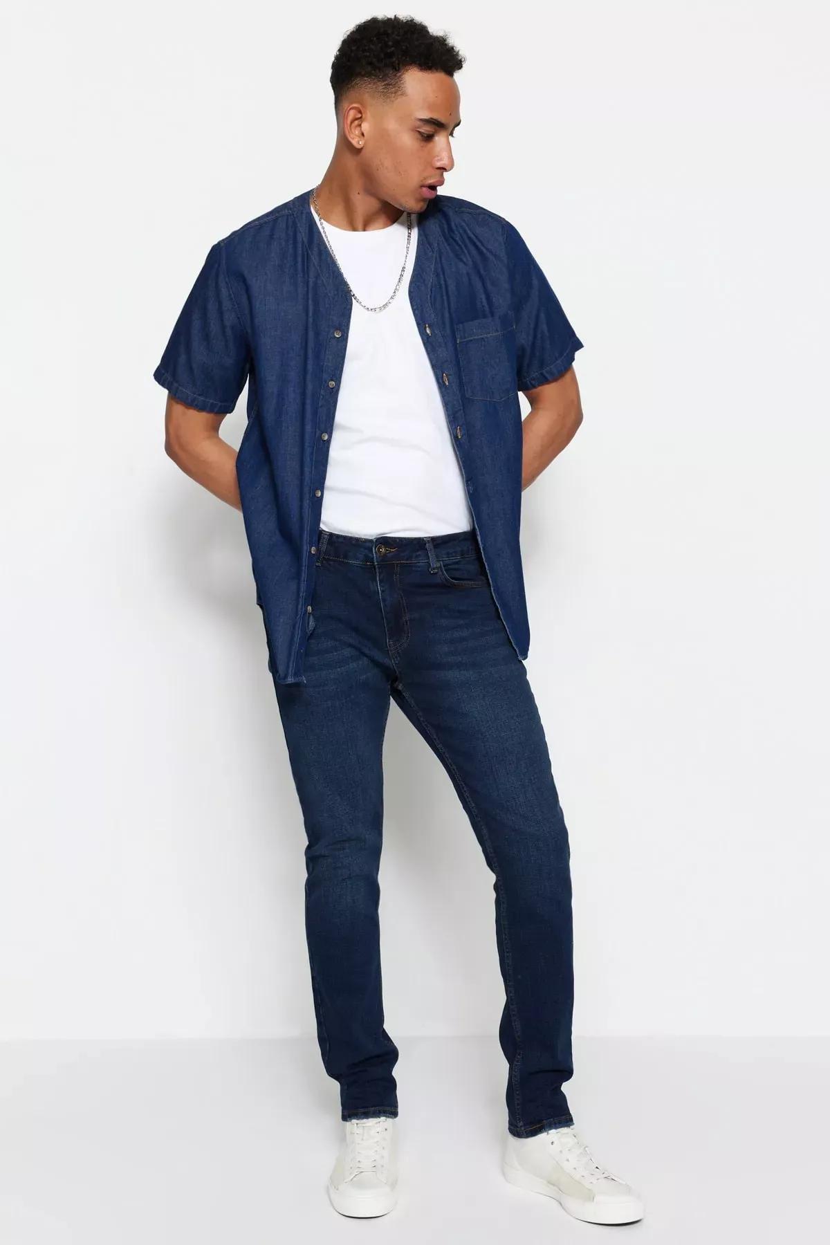 Navy Slim Fit Flexible Fabric Jeans Denim Trousers., Dark blue, large image number 3