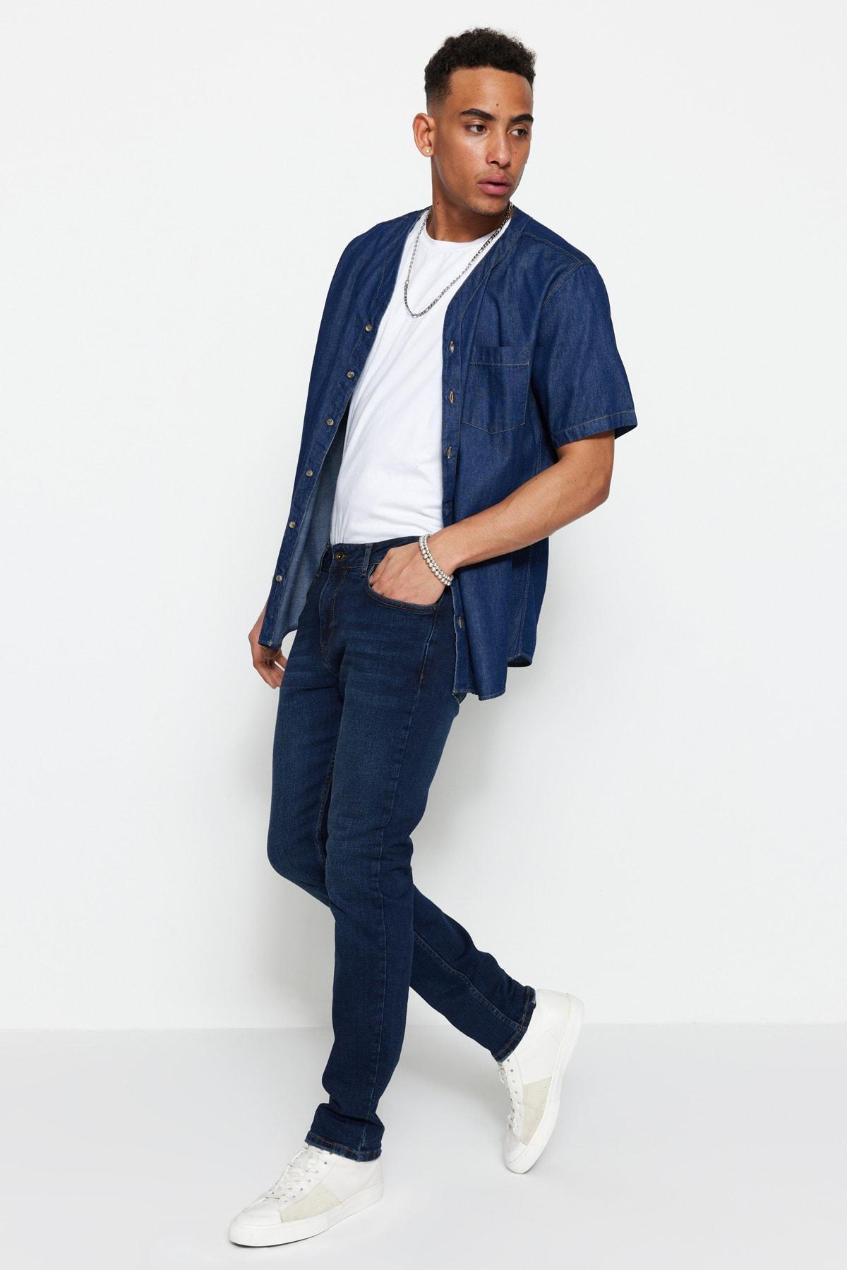 Navy Slim Fit Flexible Fabric Jeans Denim Trousers., , large image number 7