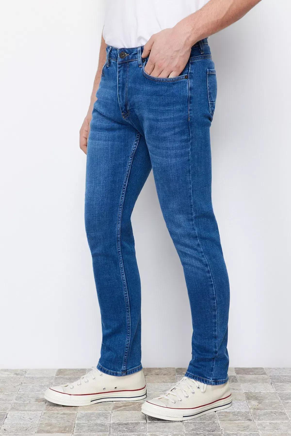 Navy Slim Fit Flexible Fabric Jeans Denim Trousers., Dark blue, large image number 8