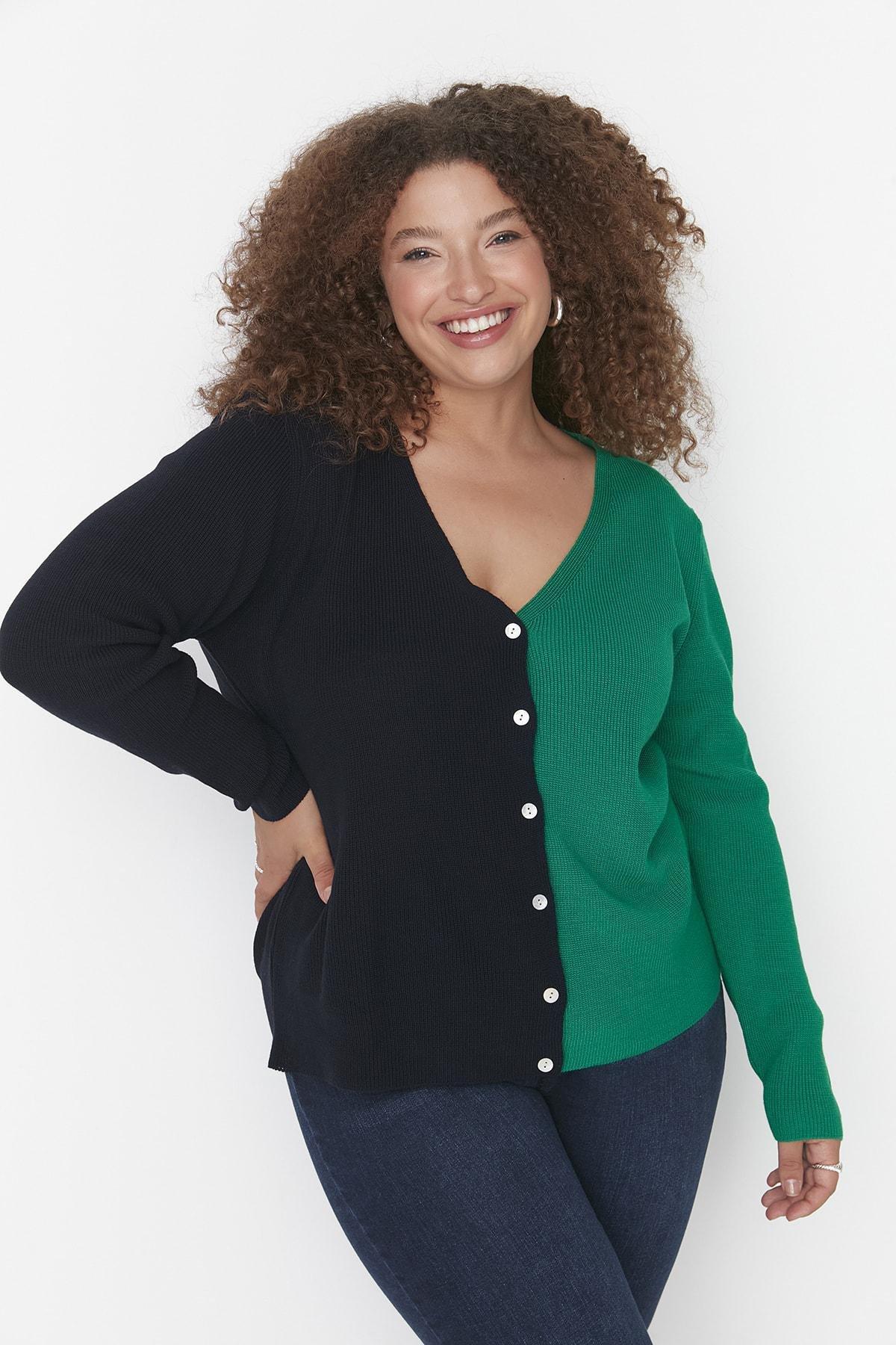 Trendyol - Navy Colourblock Plus Size Cardigan