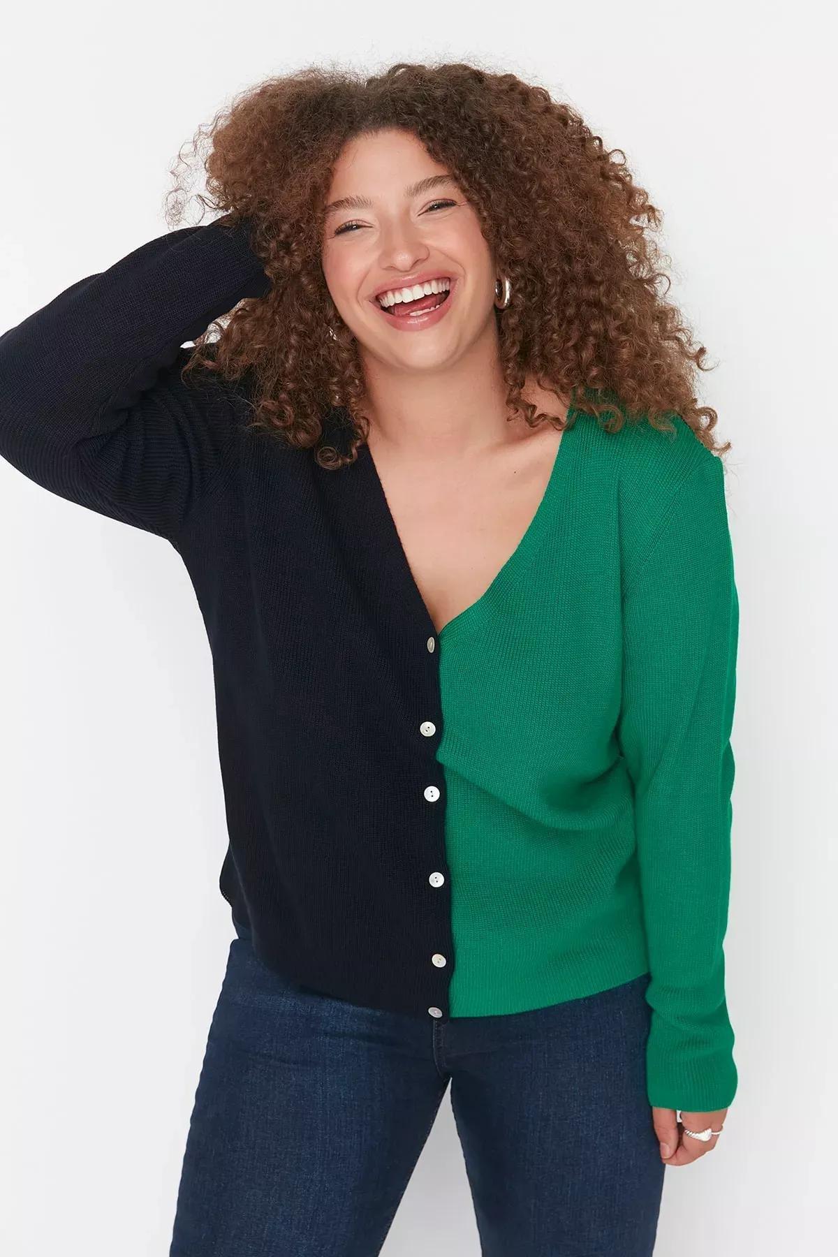 Navy Colourblock Plus Size Cardigan, , large image number 1
