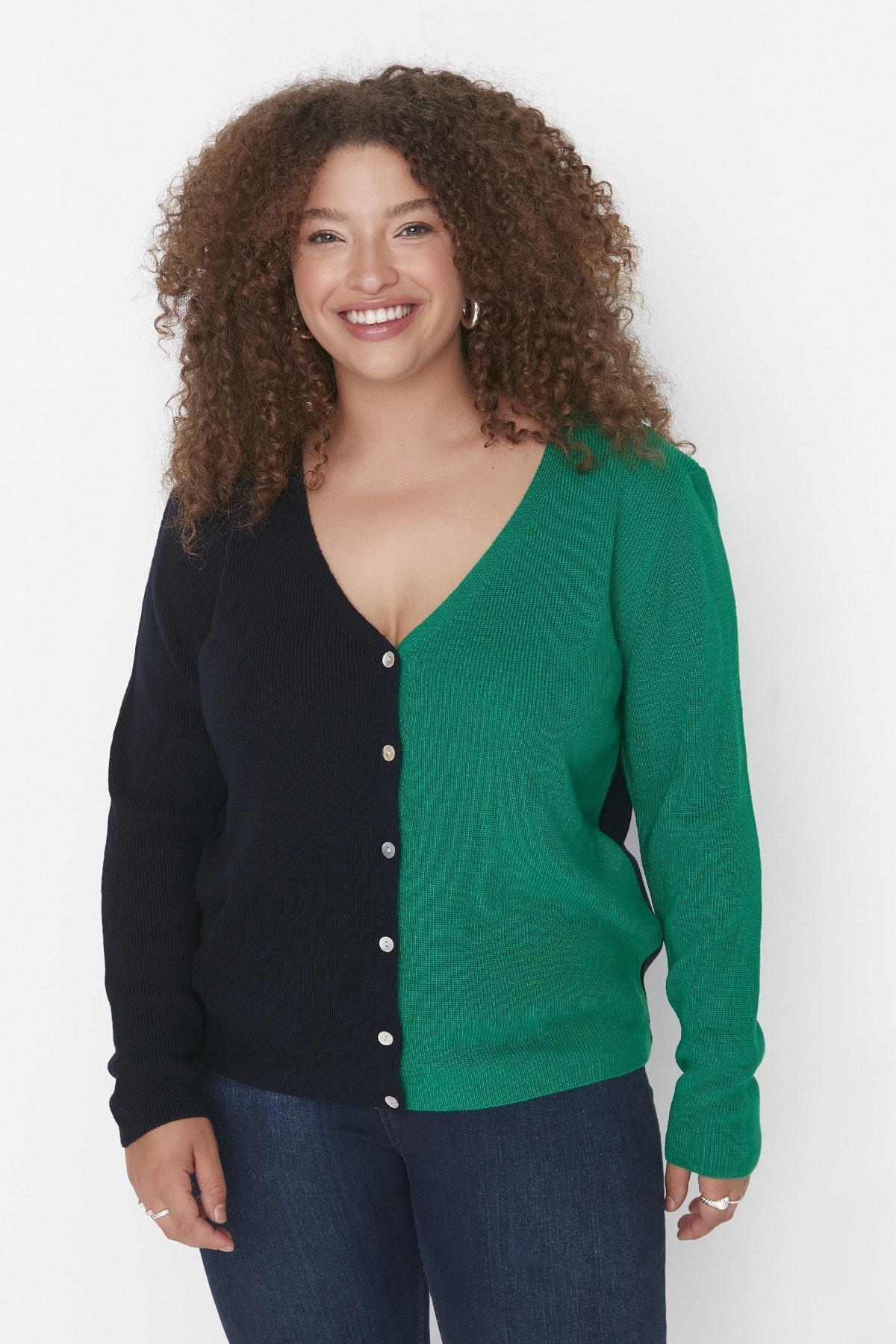 Trendyol - Navy Colourblock Plus Size Cardigan