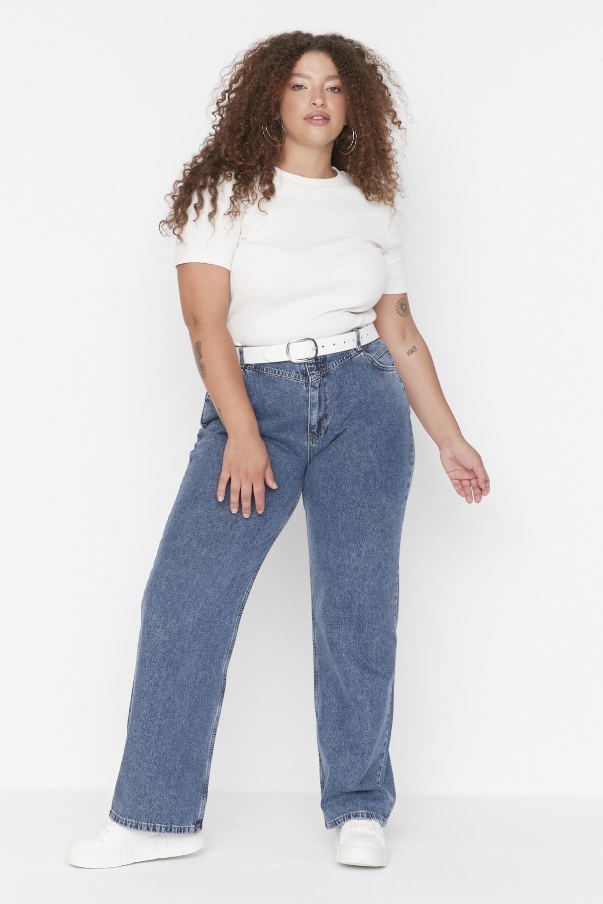 Blue Wide Leg Plus Size Jeans, , large image number 0