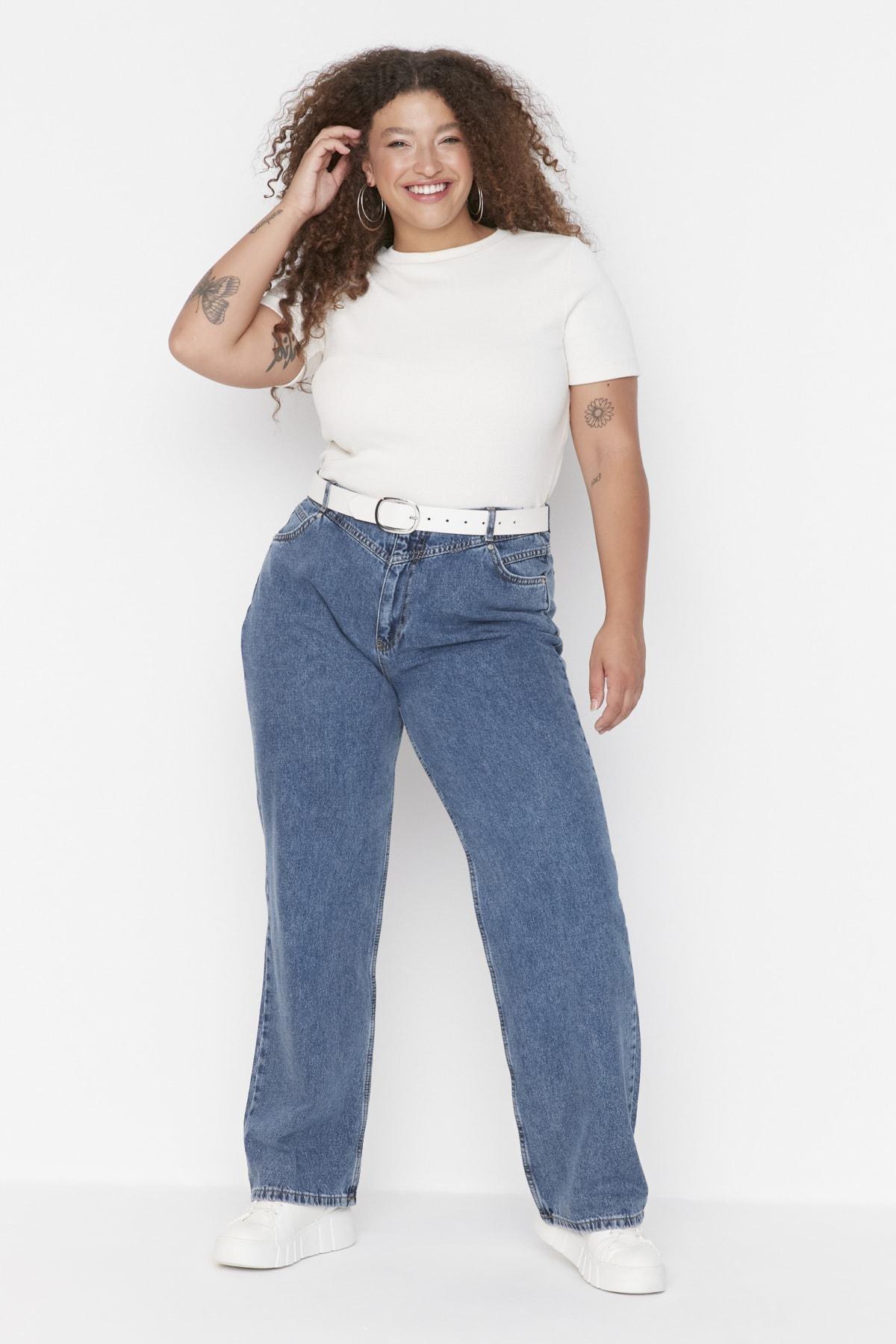 Blue Wide Leg Plus Size Jeans, , large image number 1