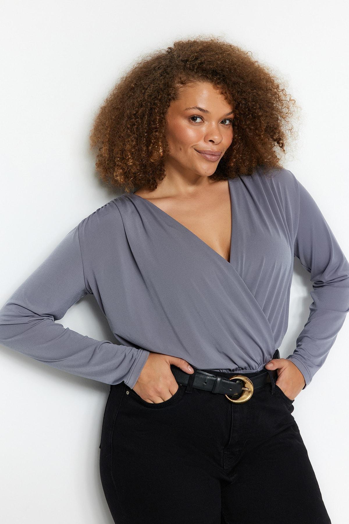 Gray V-Neck Slim Plus Size Bodysuit, , large image number 0