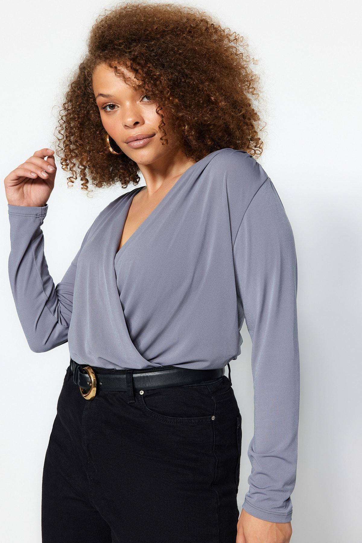 Gray V-Neck Slim Plus Size Bodysuit, , large image number 1