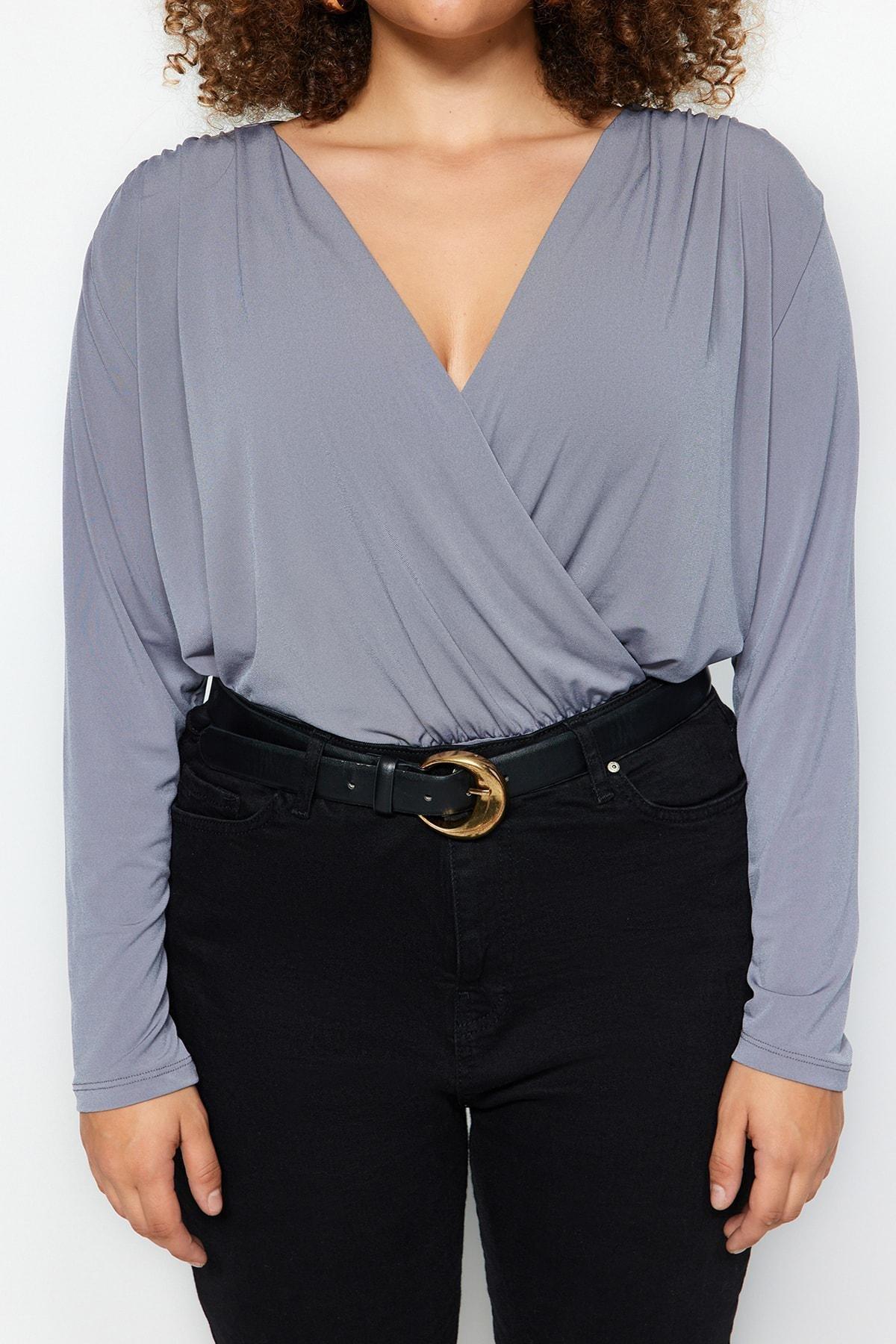 Gray V-Neck Slim Plus Size Bodysuit, , large image number 3